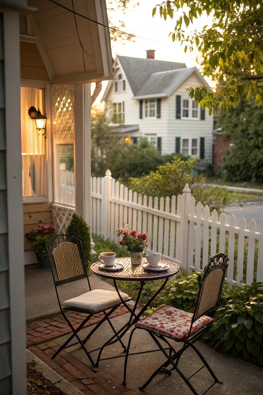 A compact diner set transforms a small rear veranda for dining.