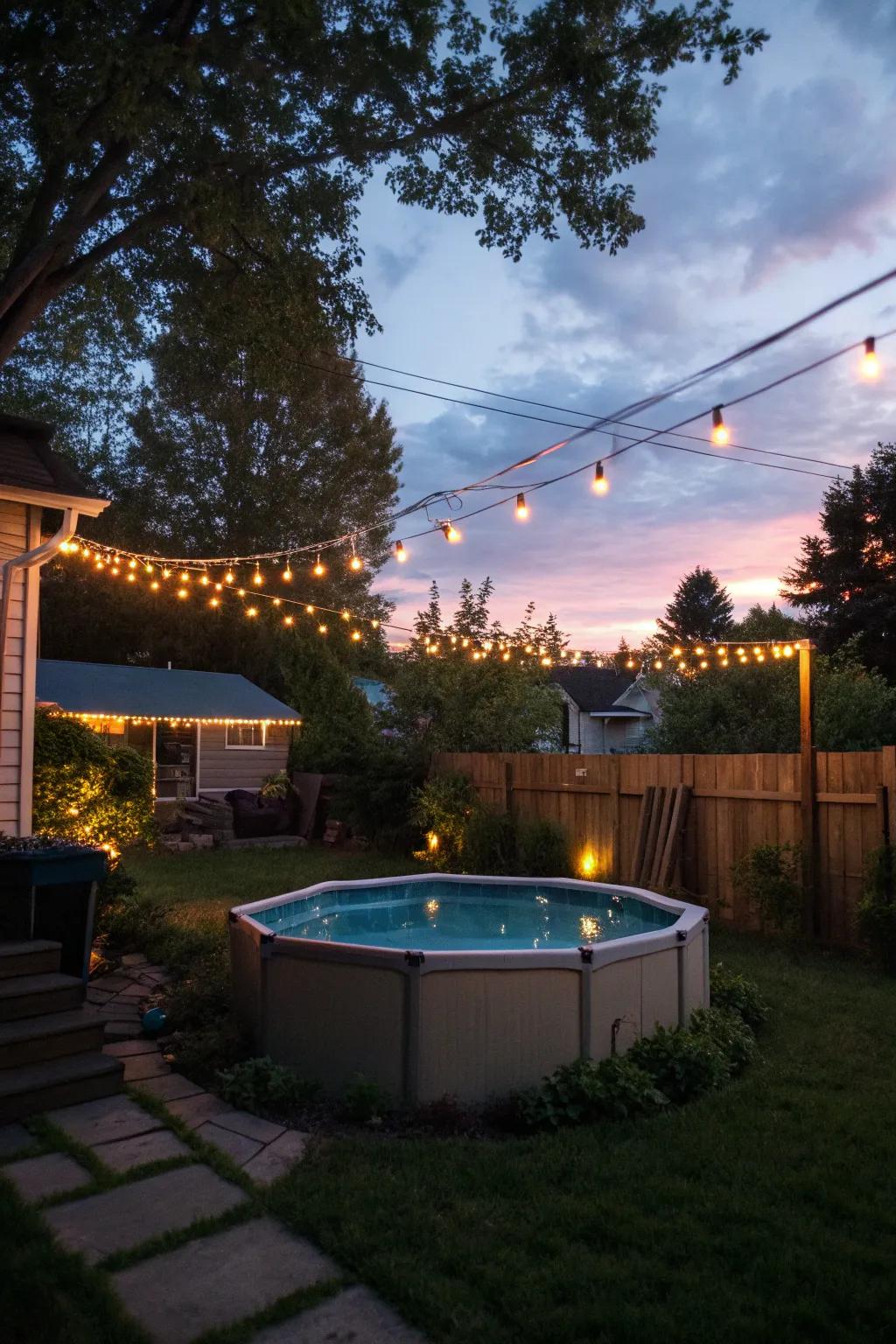 Twinkling string lights casting a warm glow over an above-ground pool, ideal for nighttime enjoyment.