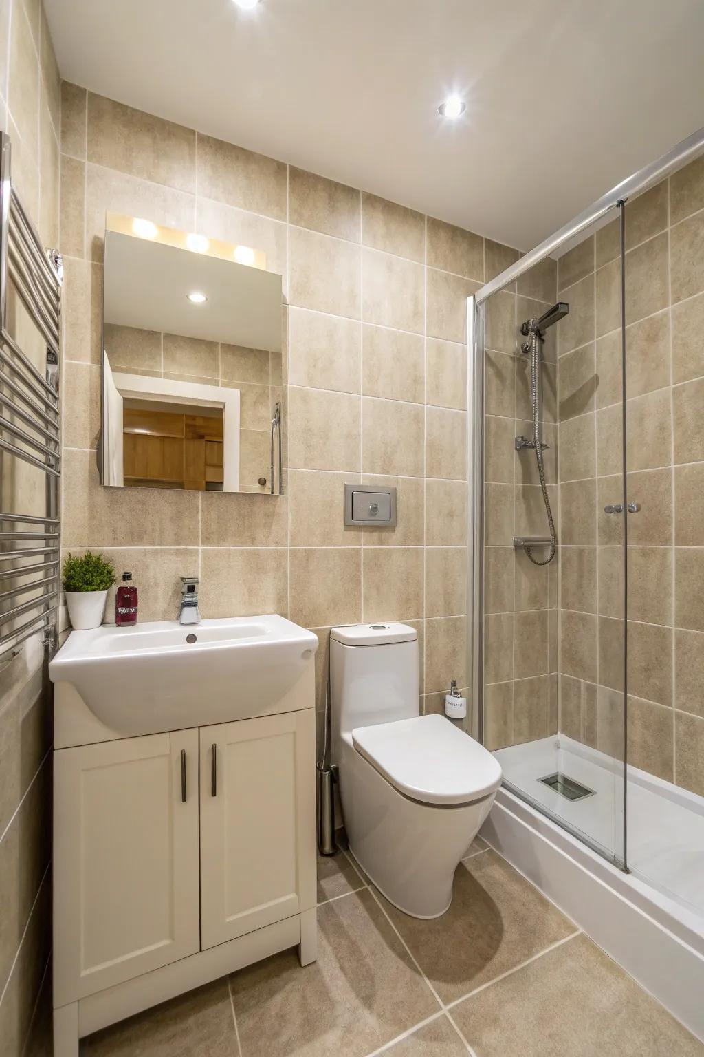 Floor-to-ceiling surfaces add height and unity to compact bathrooms.