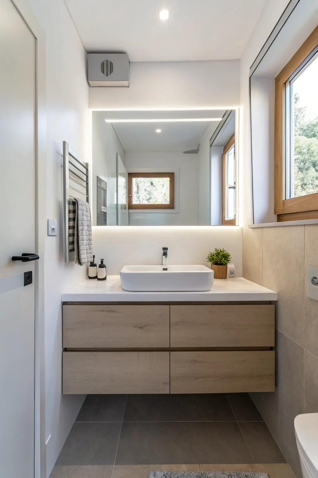 A floating vanity enhances the sense of space in a small bathroom.