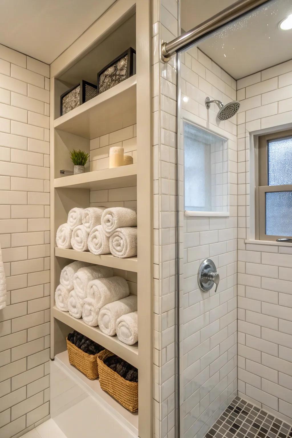 Built-in shelves provide discreet and practical storage for towels.