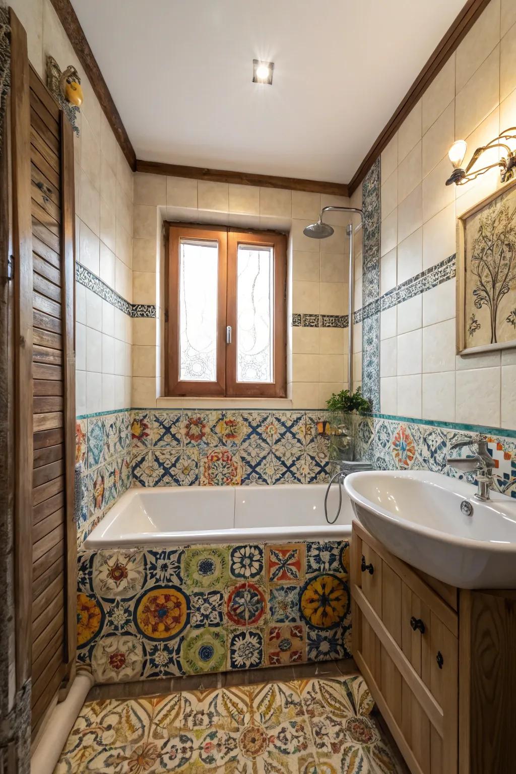 Decorative tiles bring personality to a small bathroom.