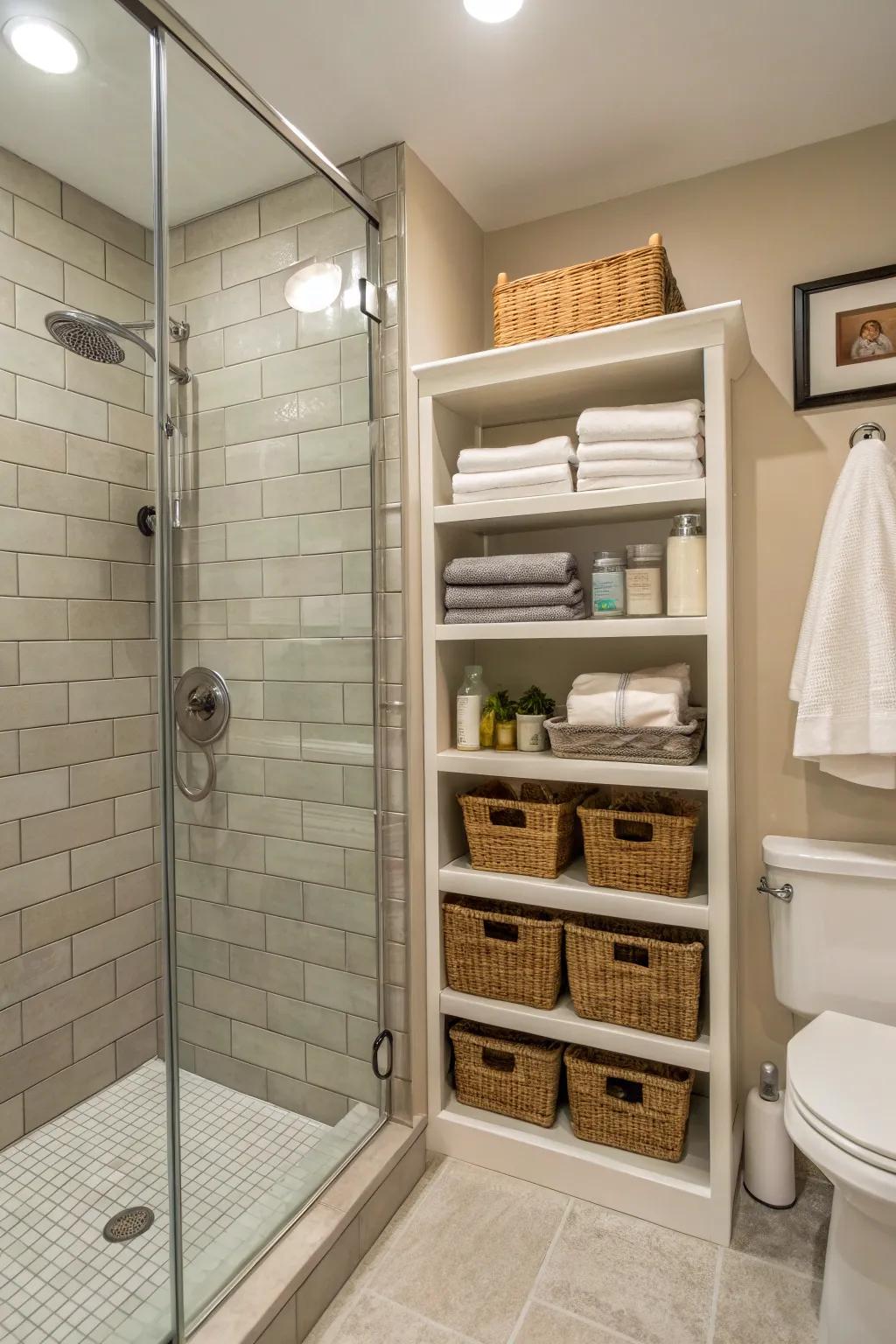 Built-in shelves offer useful storage solutions in small showers.