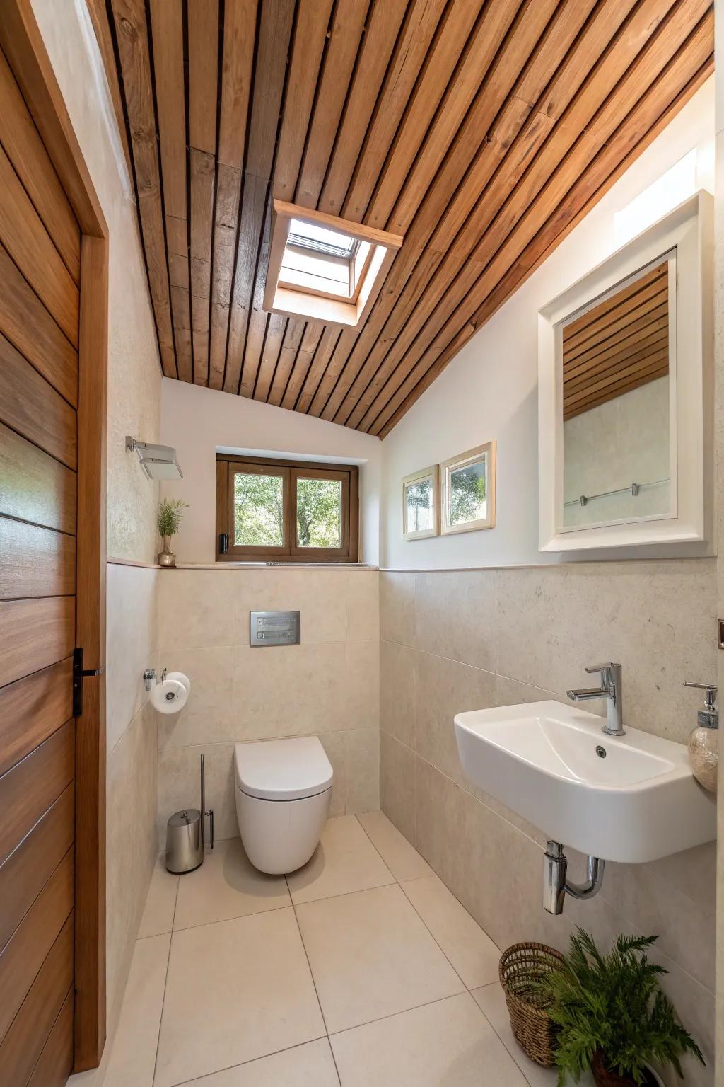 A sleek wood plank ceiling brings a modern flair.