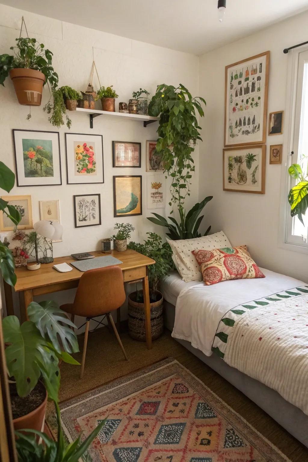 A small bedroom decorated with plant life and artwork to enhance the unique character of the space.