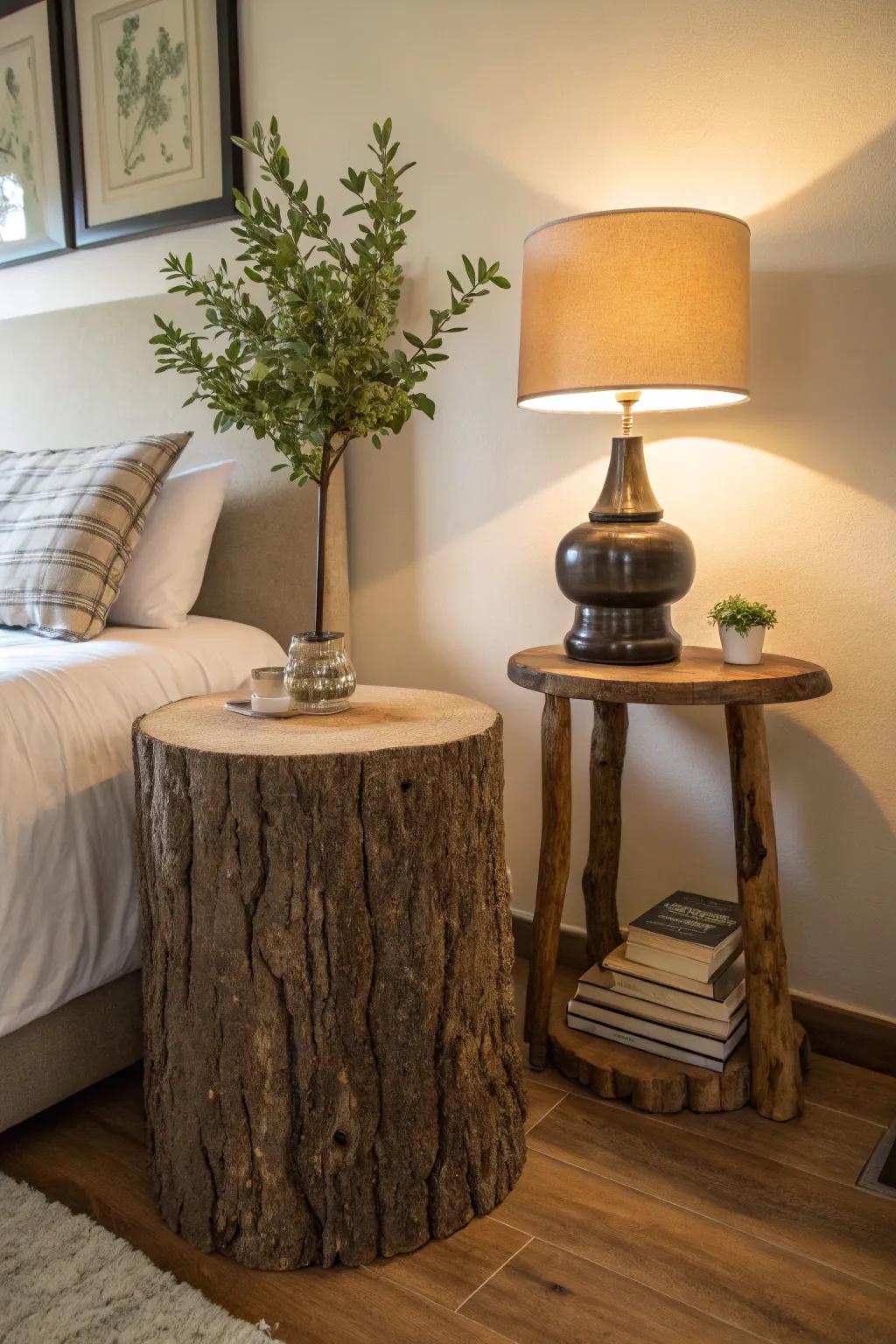 A tree stump adds natural charm as a bedside table.
