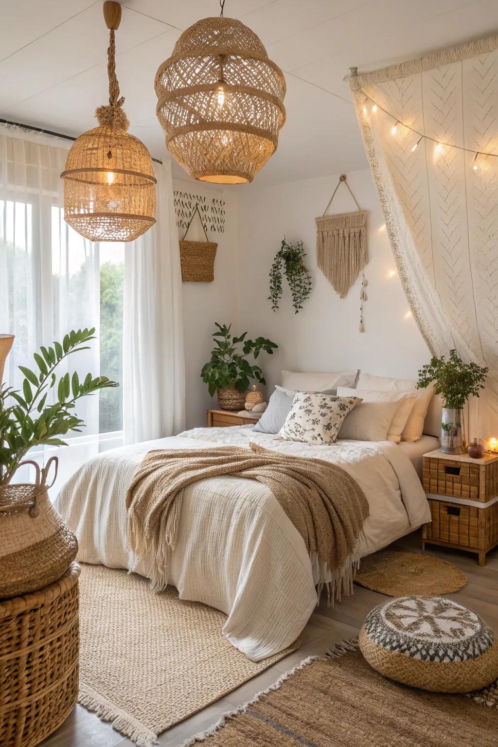 Reed and textile additions inject a bohemian nuance into this petite bedroom