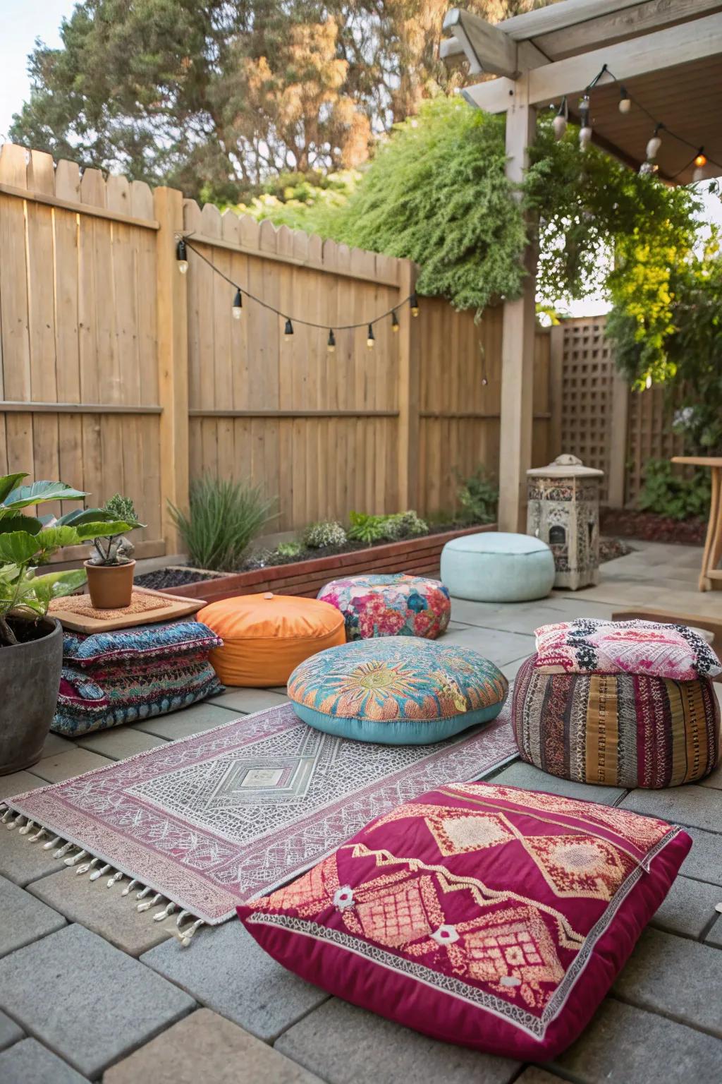 Floor seating with cushions and poufs offers a relaxed vibe.