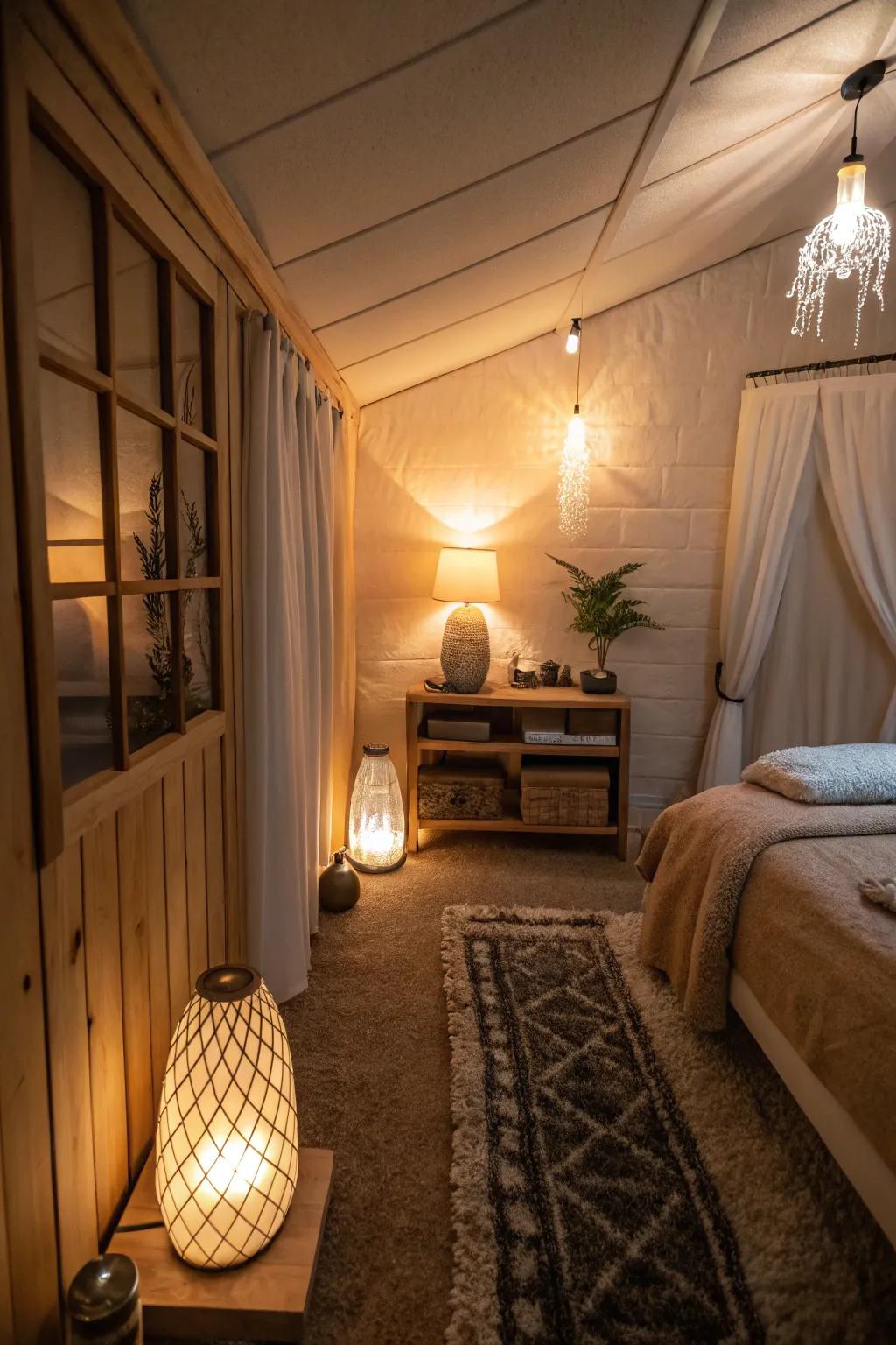 Layered lighting crafts a perfect mood in this personal cigar space.