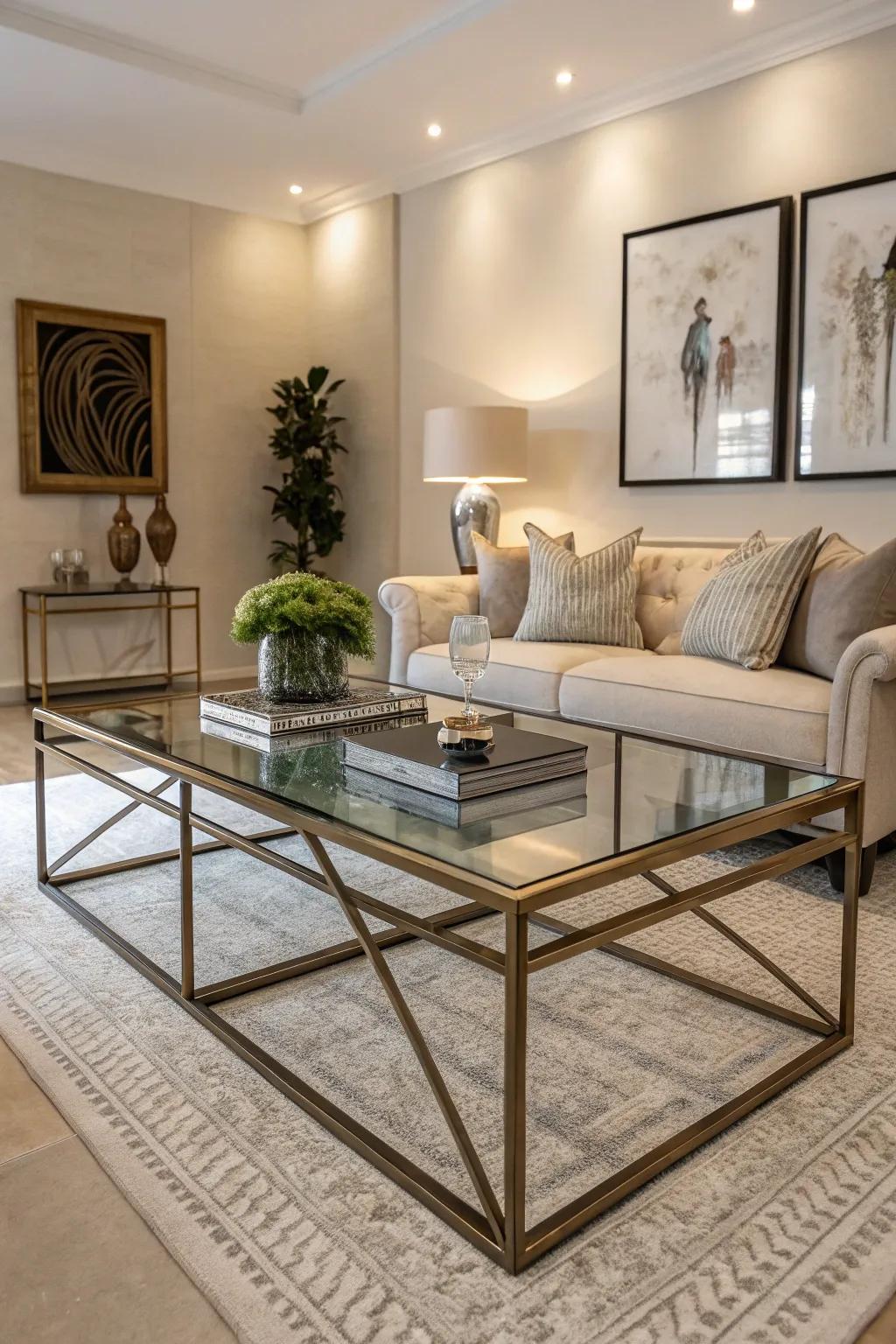 Glass and alloy tables contribute a sense of elegance and lightness.