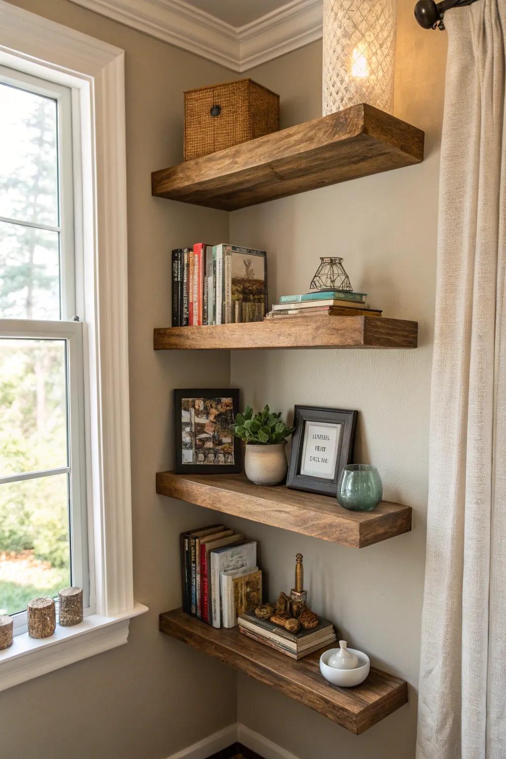 Wall-mounted shelves offer fashionable storage options.
