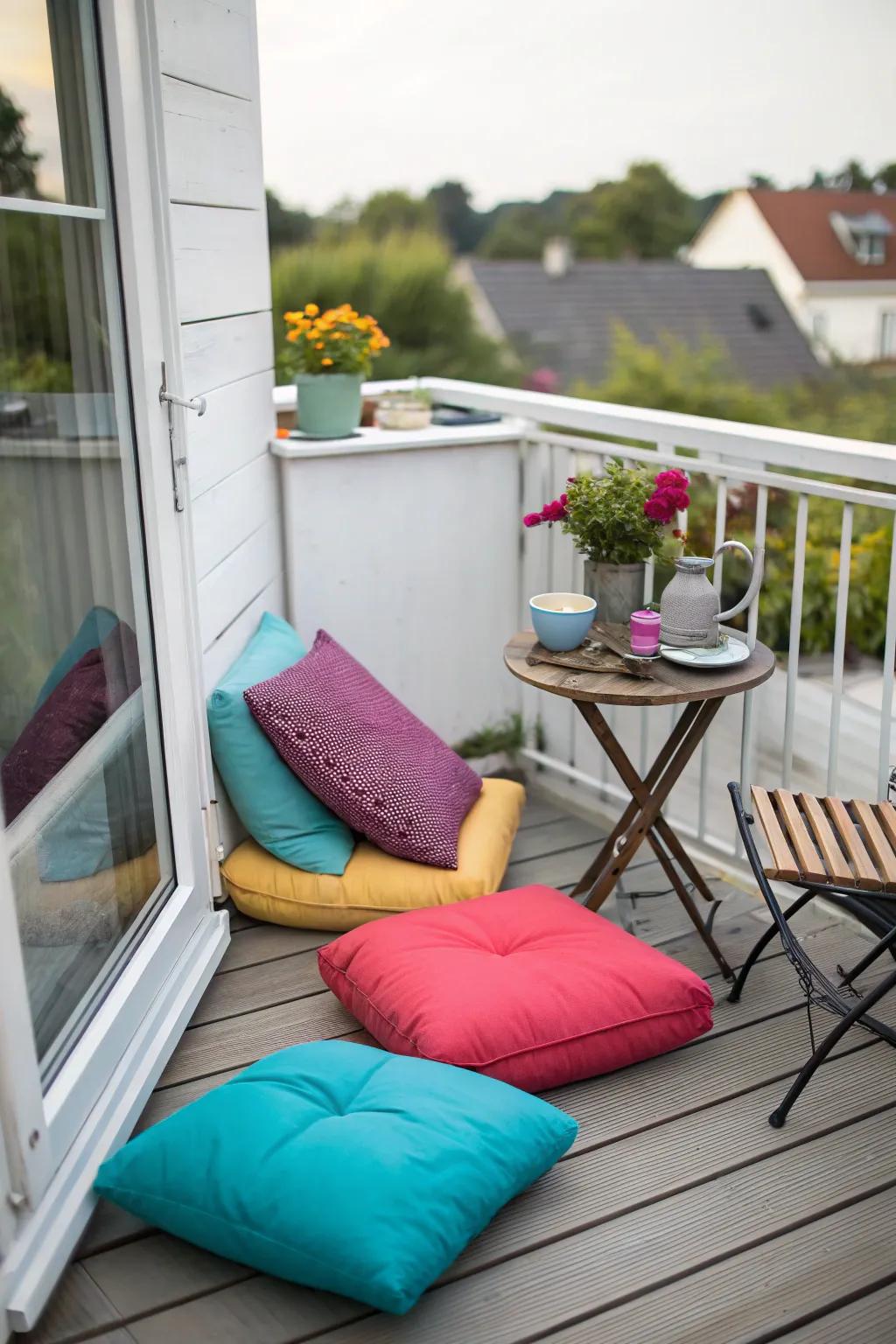 Small seating with vibrant cushions on a compact deck.