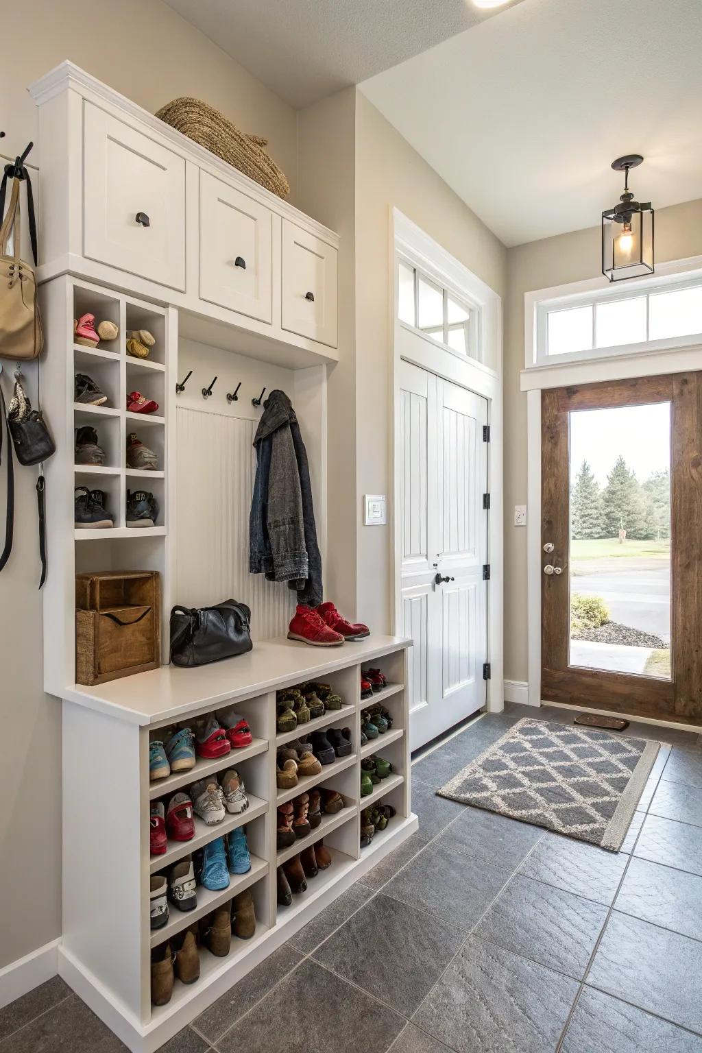 Wall-mounted storage saves valuable space and enhances organization.