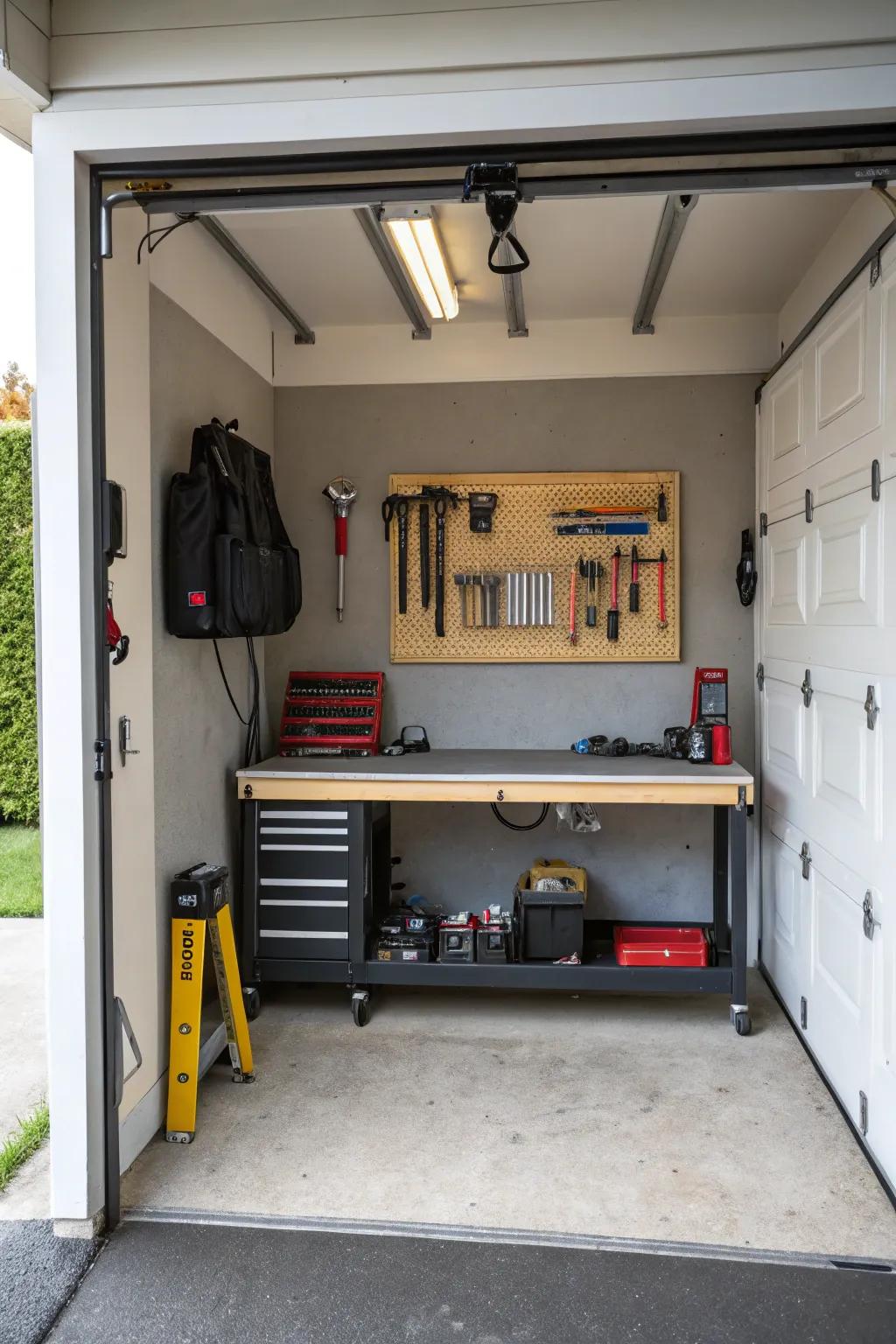 A small workbench provides functionality and efficiency in a compact area.