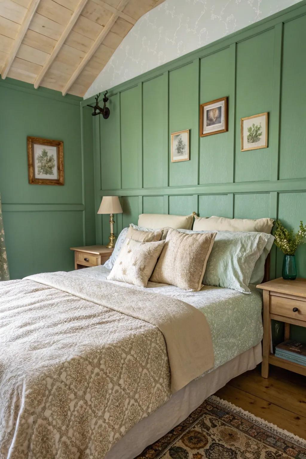 Pale, neutral bedding wonderfully accentuates green walls.