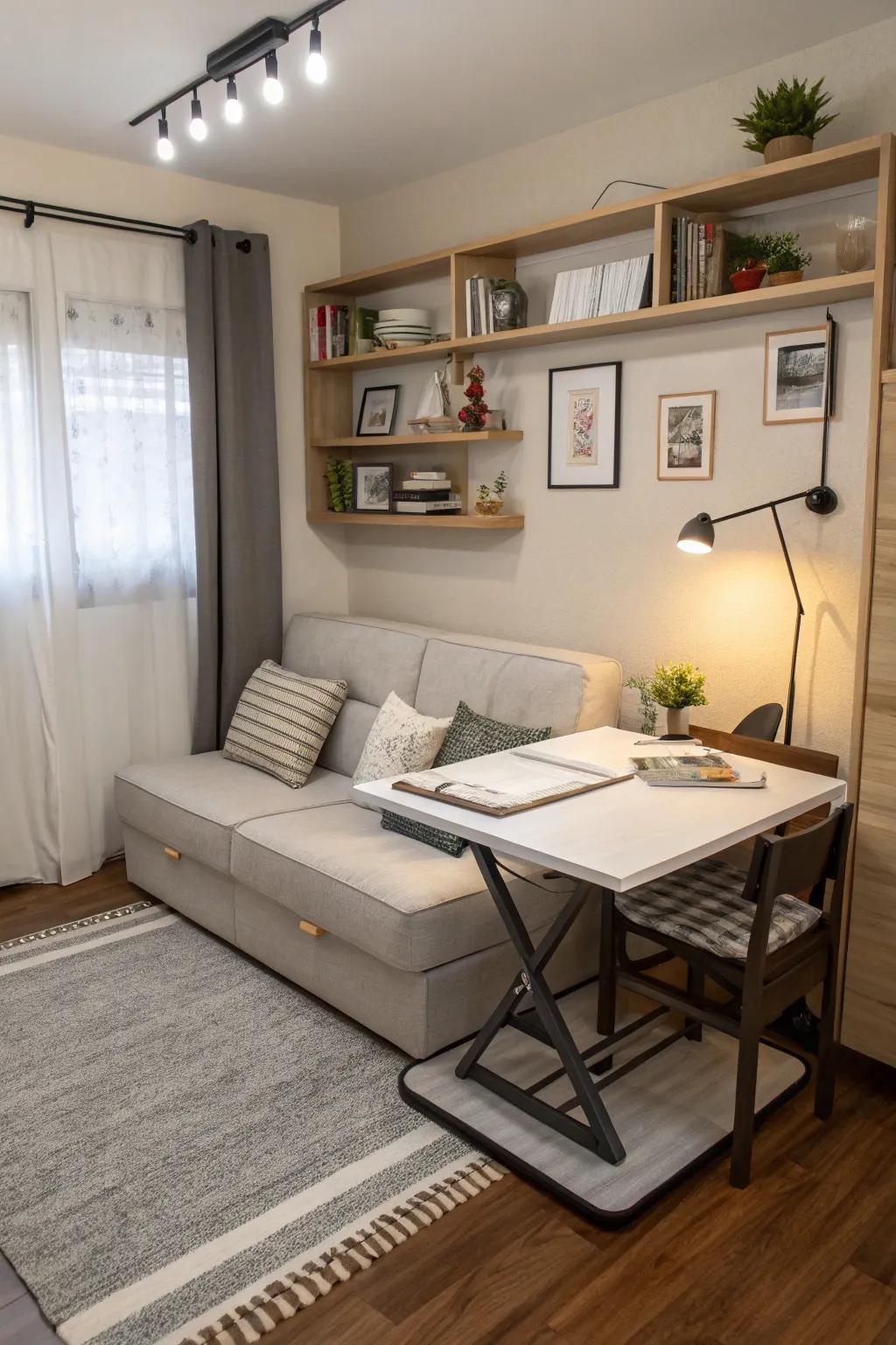 Versatile furniture pieces provide additional convenience while saving space.