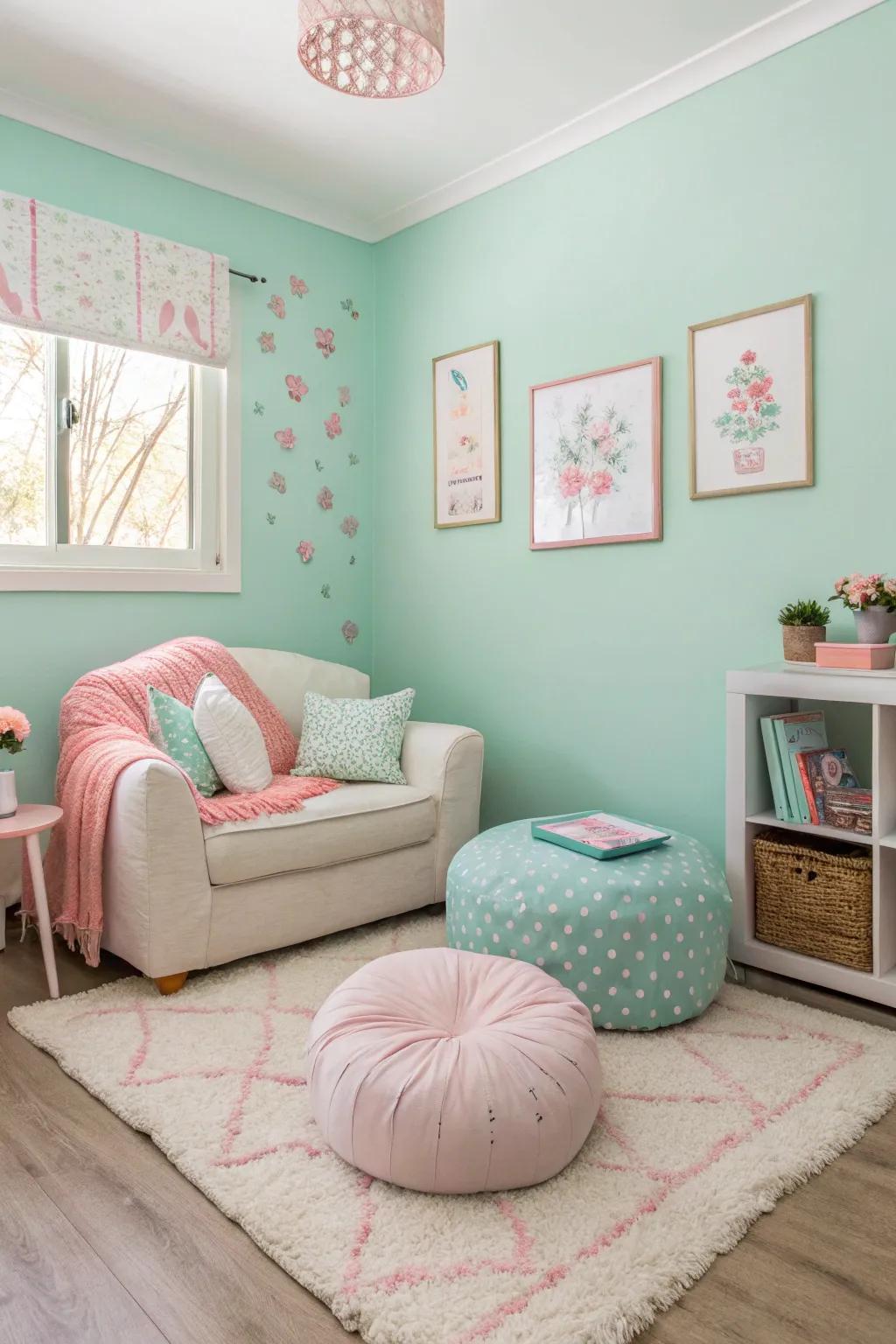 A compact living space showcasing mint walls alongside soothing accents.