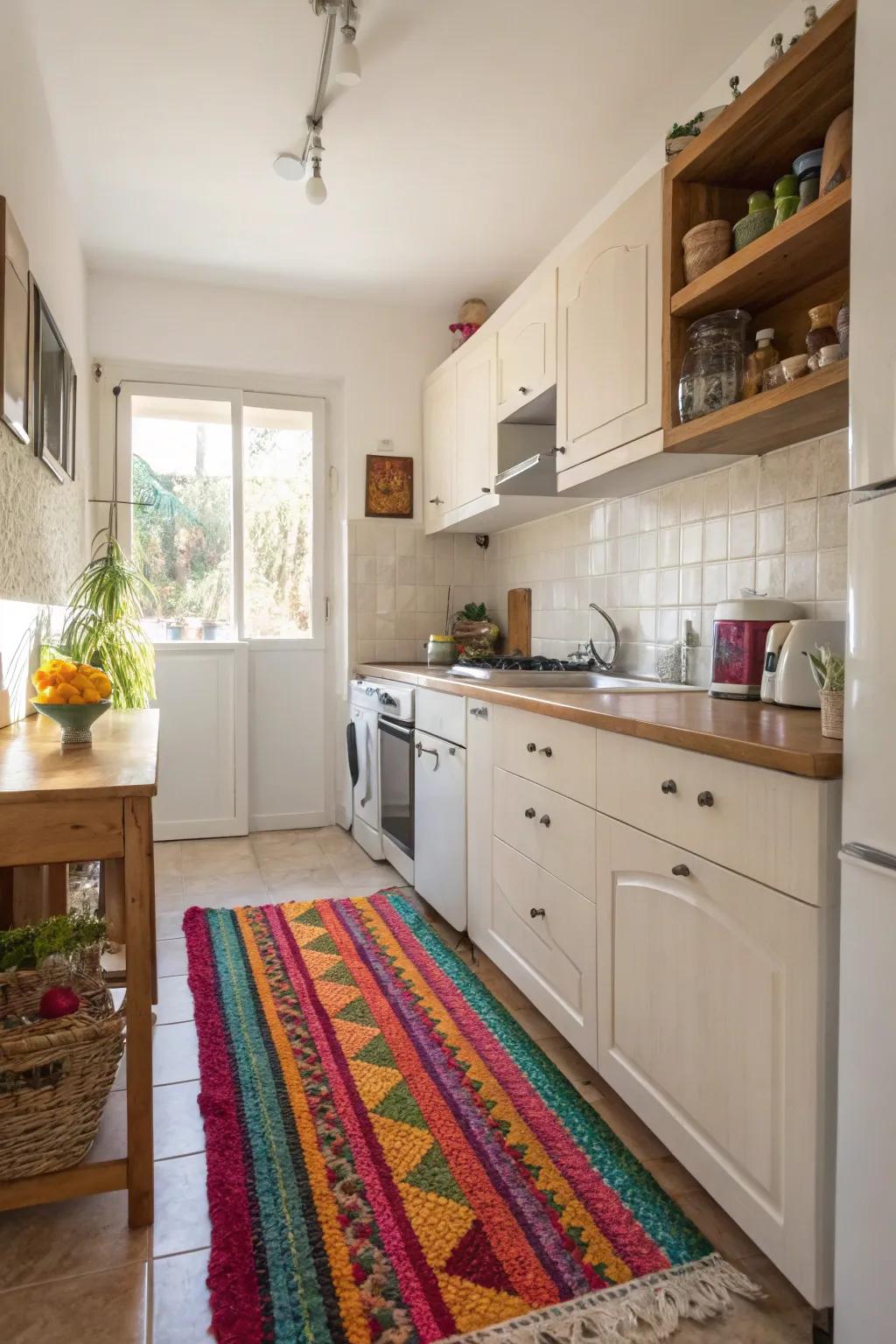 A radiant rug imparts a sense of warmth and injects character into this petite kitchen.