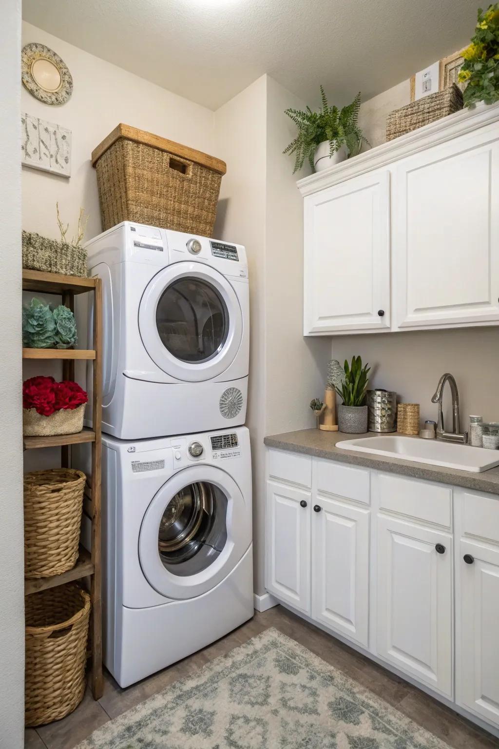 In small laundry rooms, stacking appliances can optimize space efficiency.