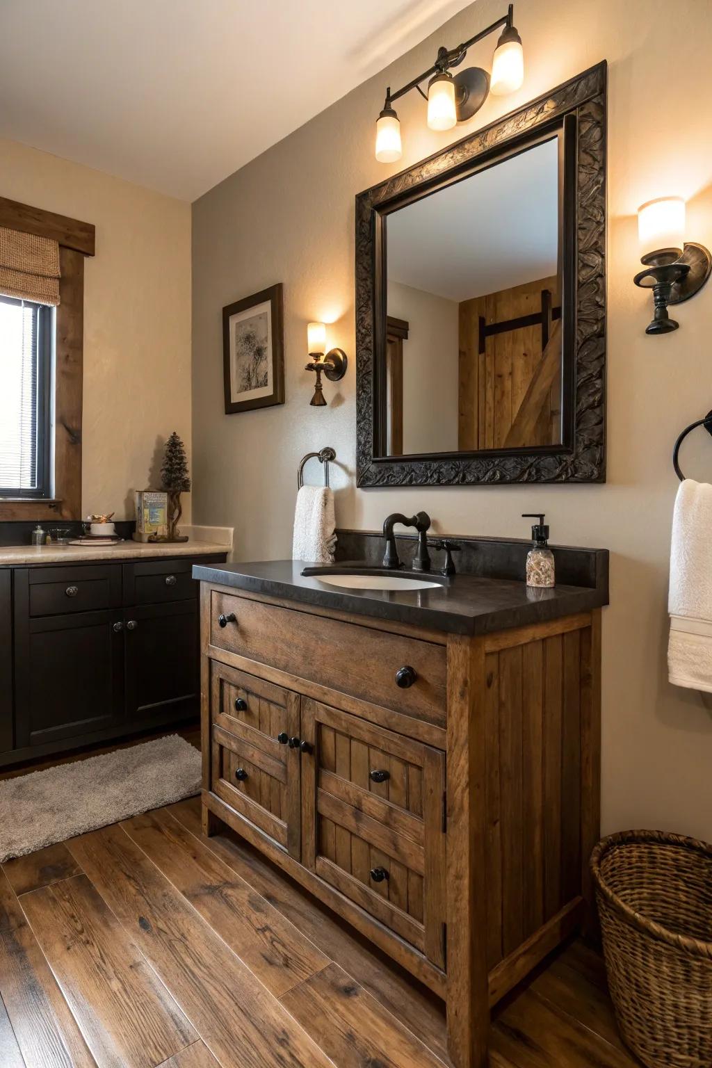 Urban fixtures add a modern touch to a rustic bathroom.