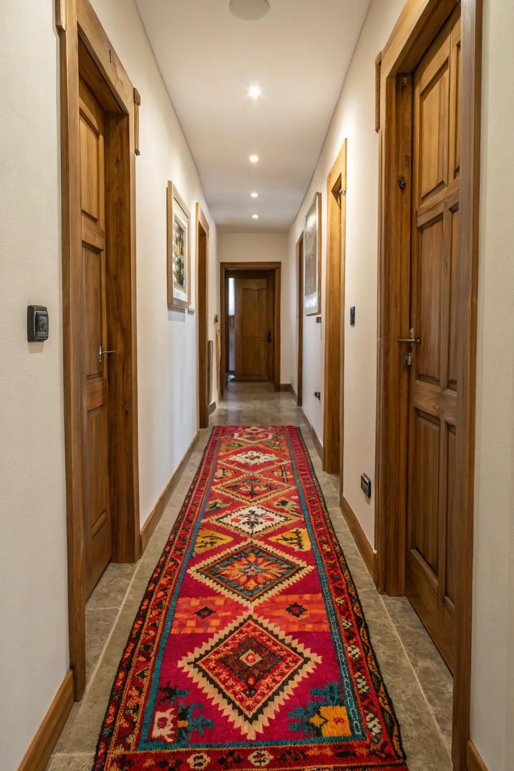 A vibrant long rug can transform a slender passageway into a fashionable corridor.