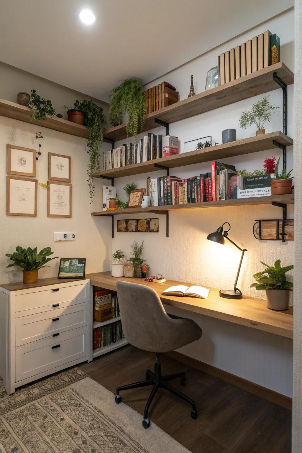 A practical vertical storage solution using mounted shelves.