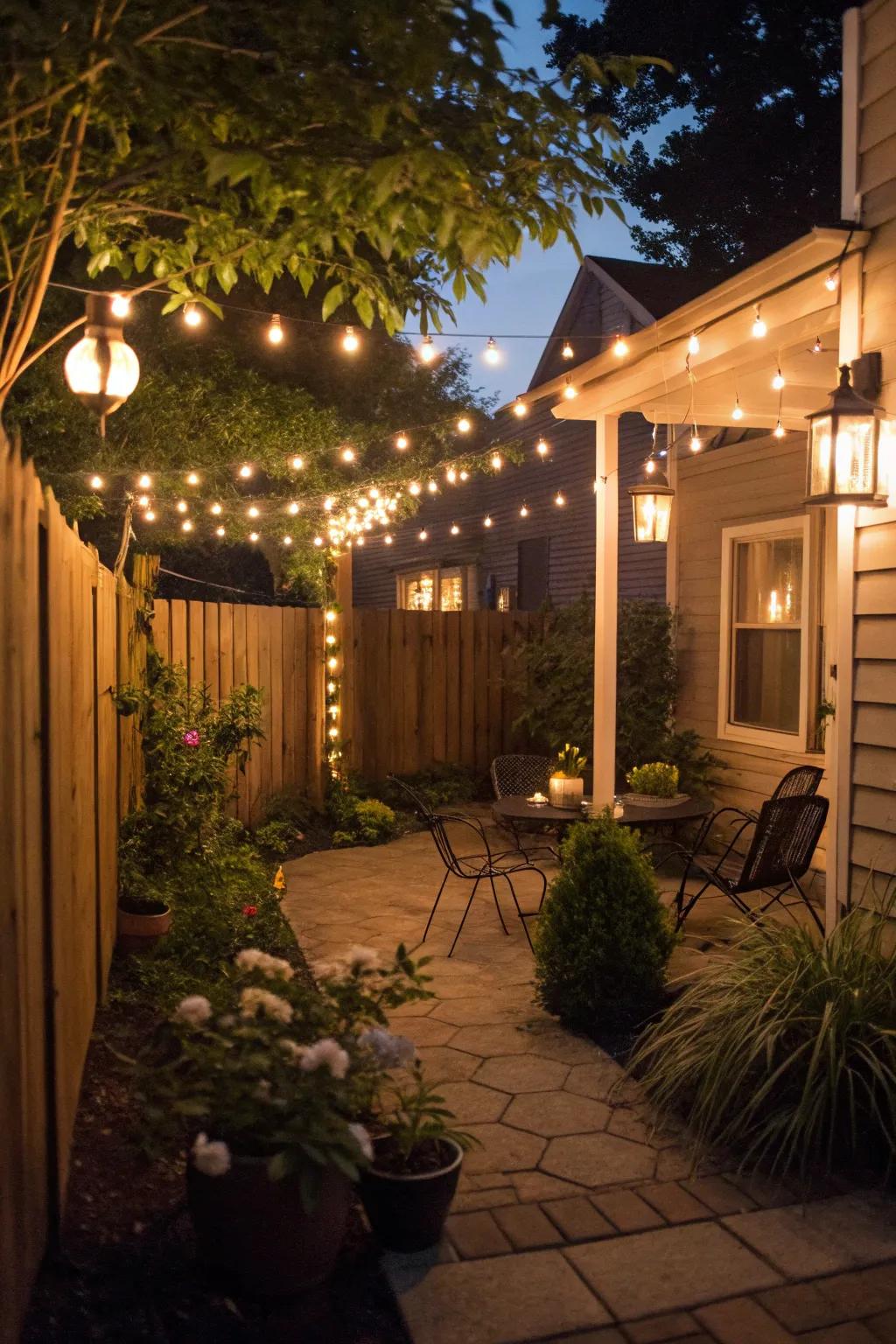 String lights impart a magical feel to a patio at night.
