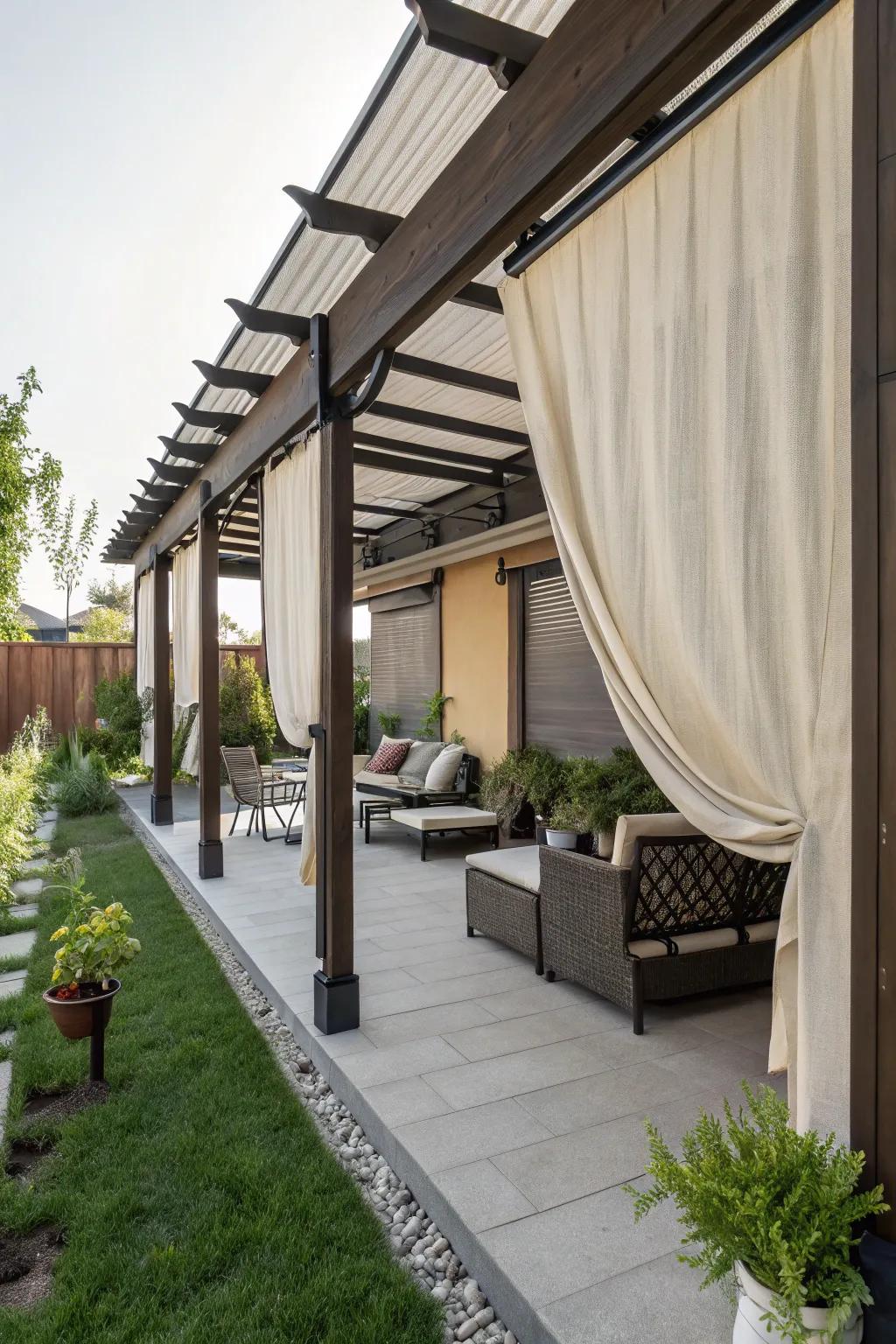 Gliding fabric screens lend adaptability and flair to a compact canopy.
