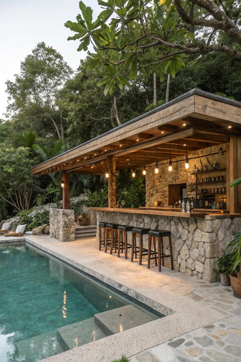 Natural elements like stone and wood infuse rustic elegance into poolside bars.