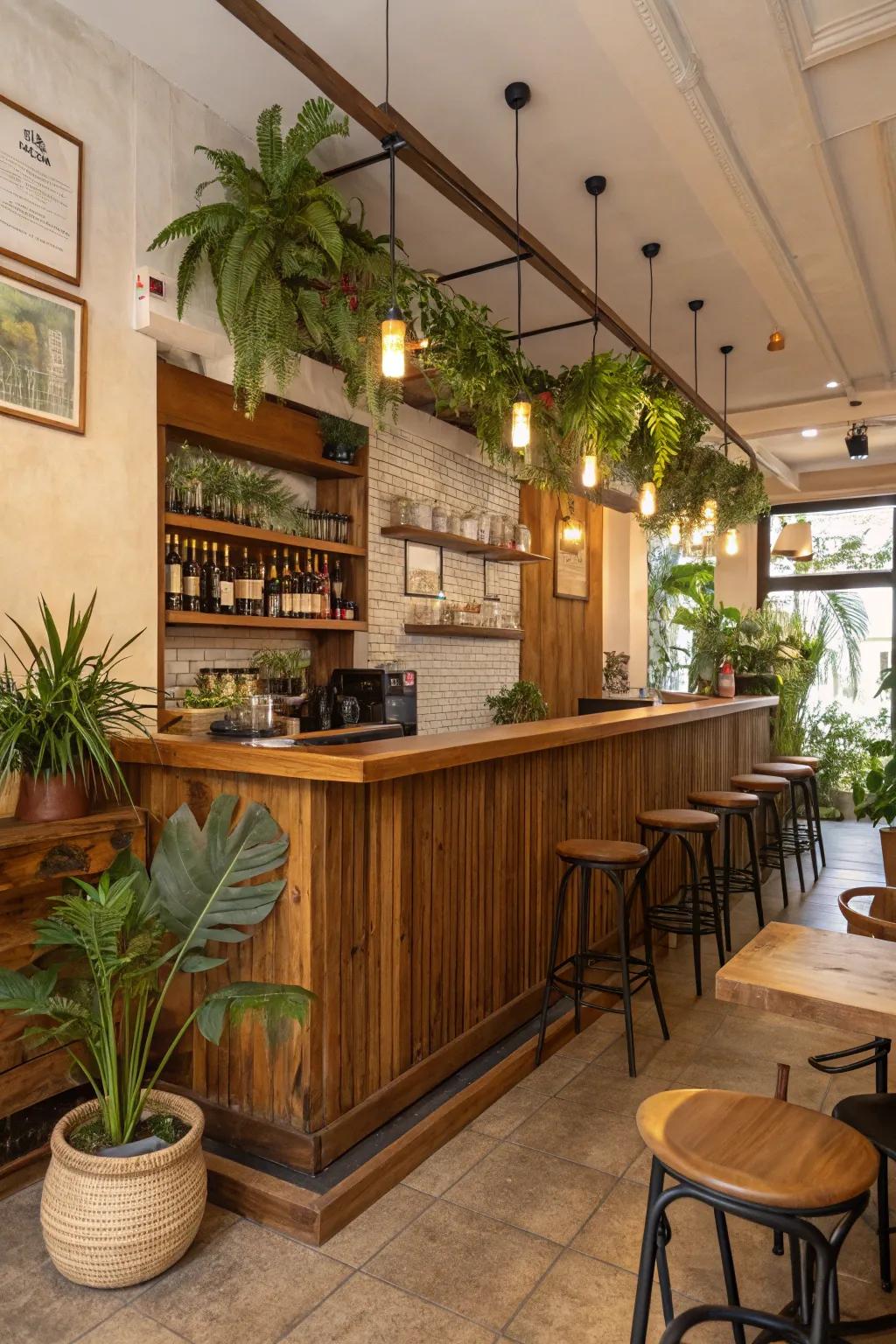 Natural elements, such as wood accents and lush plants, bring warmth and tranquility to a petite restaurant bar.