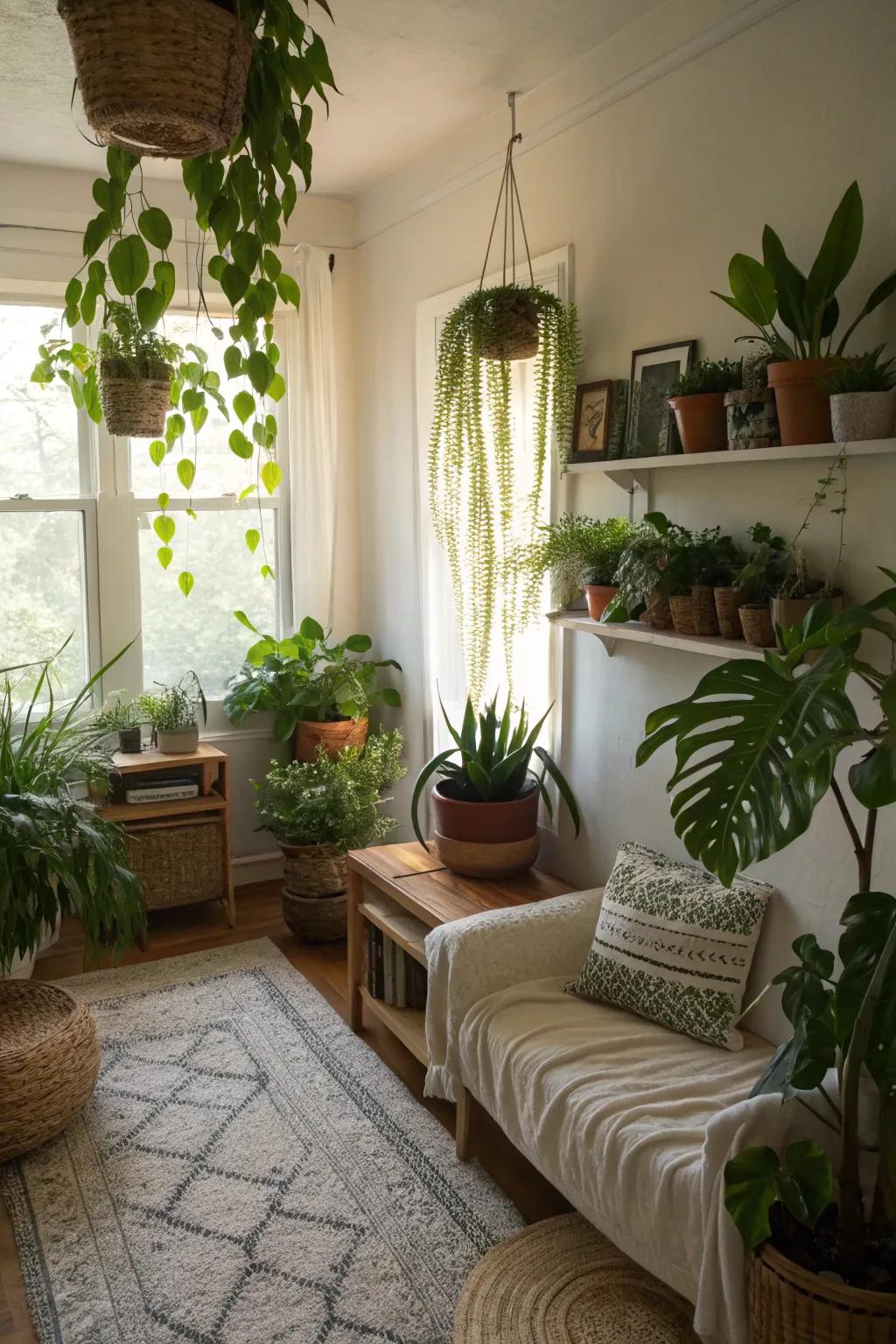 Greenery adds vibrancy to compact living spaces.