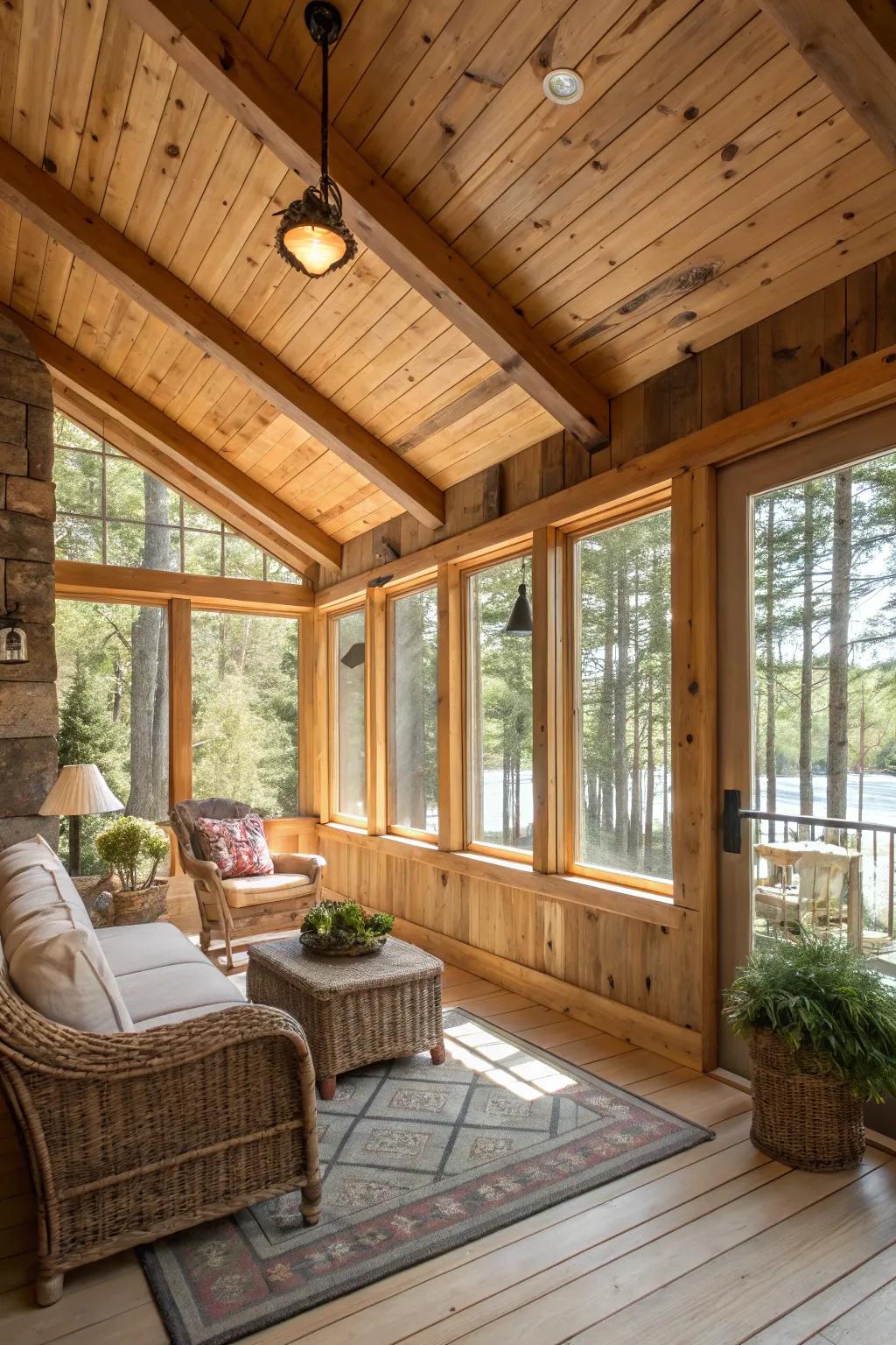 Natural timber elements create a comforting and welcoming vibe in a country-style sunroom.