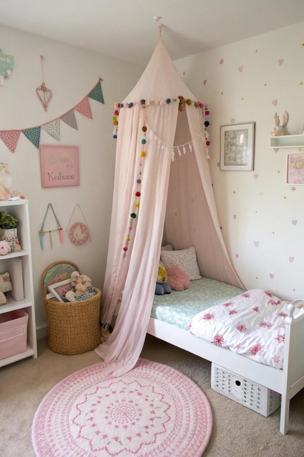A soft canopy creates a cozy and whimsical nook.