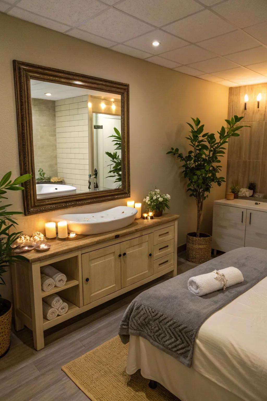 Mirrors used to create the illusion of space in a spa room