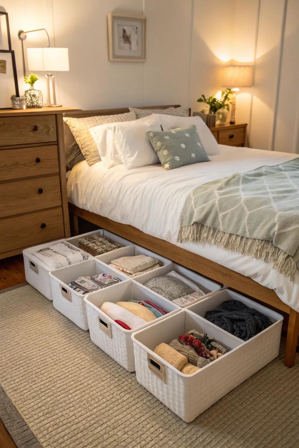 Neatly arranged storage containers under a bed in a fashionable bedroom.
