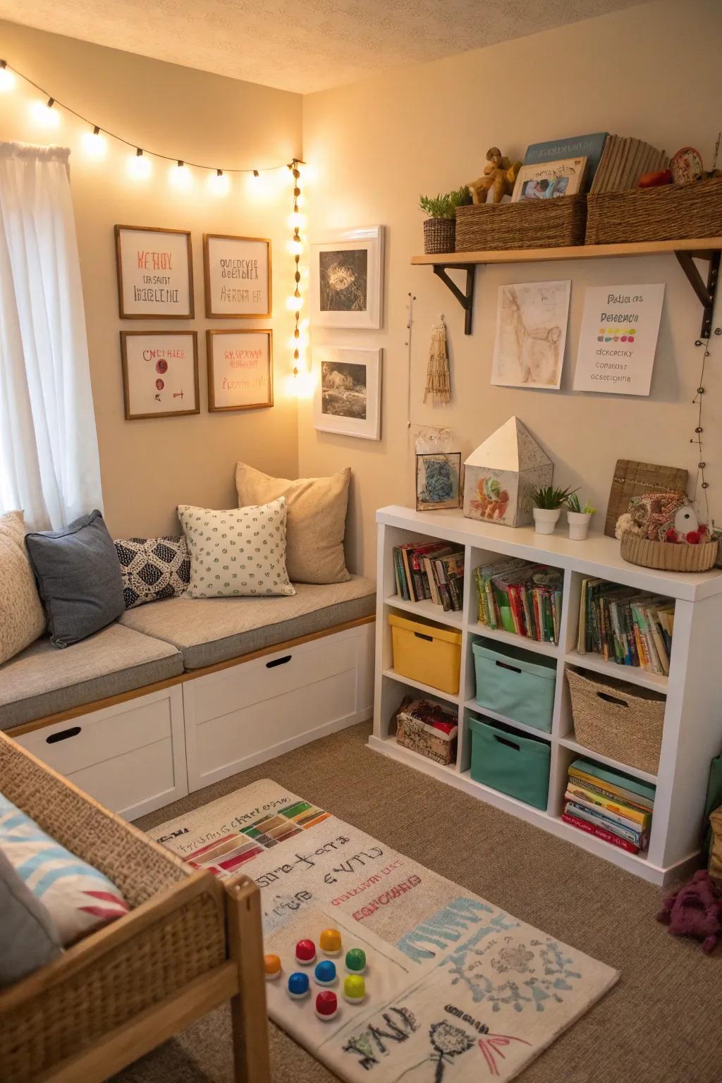 A playroom segmented into activity-based zones to improve organizational efficiency.