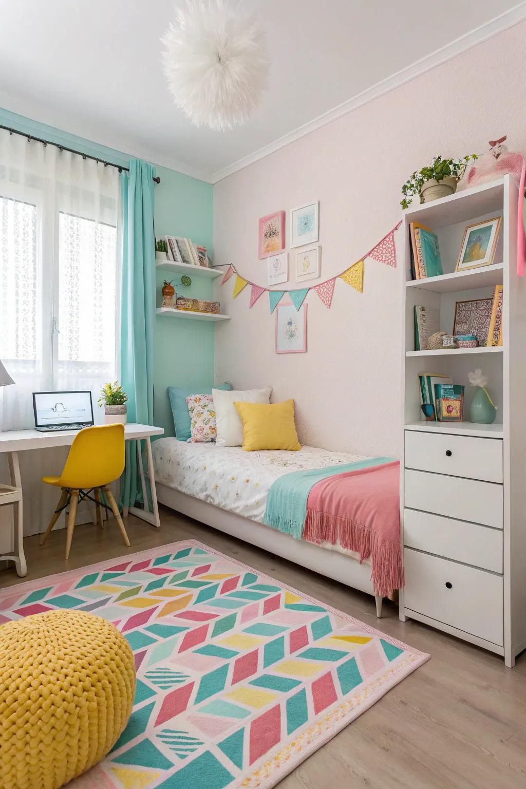 Light shades give the impression of spaciousness, enhanced by strategic color highlights.