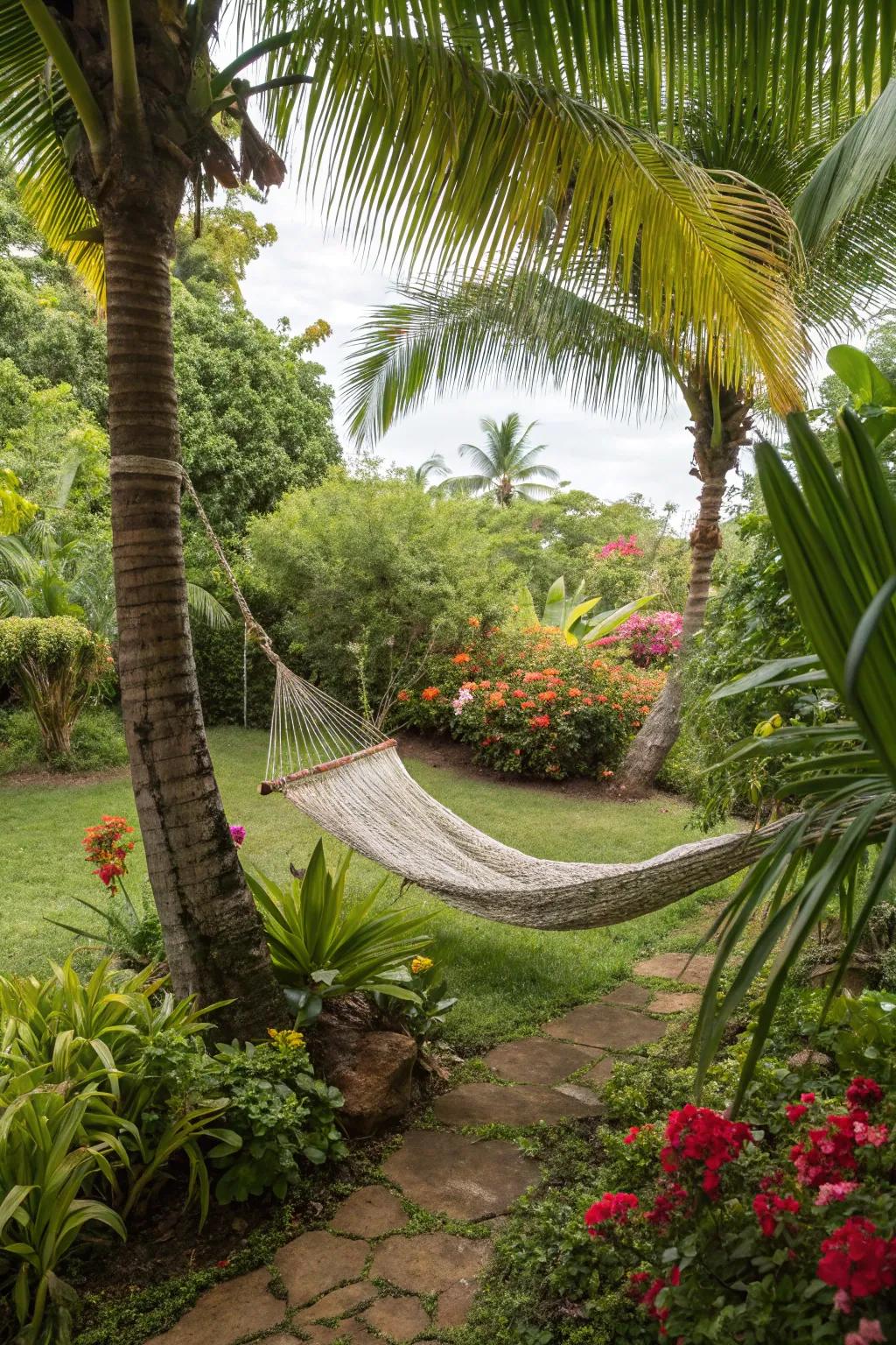A sling bed nestled amongst vegetation provides an ideal relaxation spot.