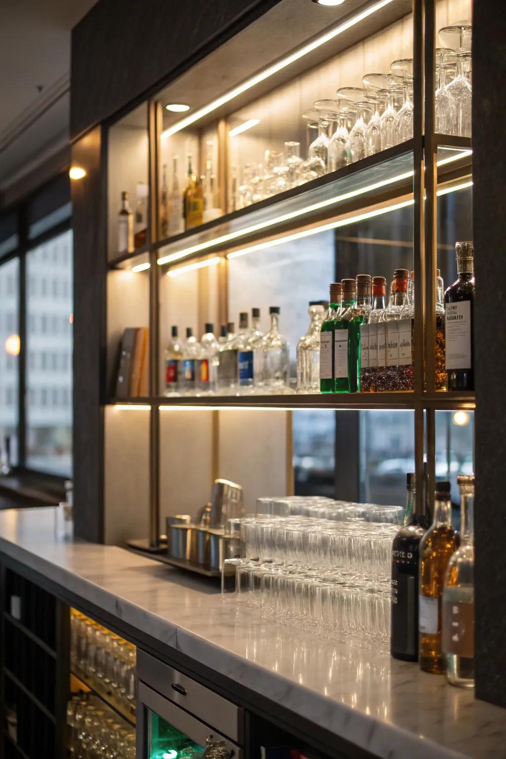 Visible shelving within a small wet bar exhibiting glassware and bottles.