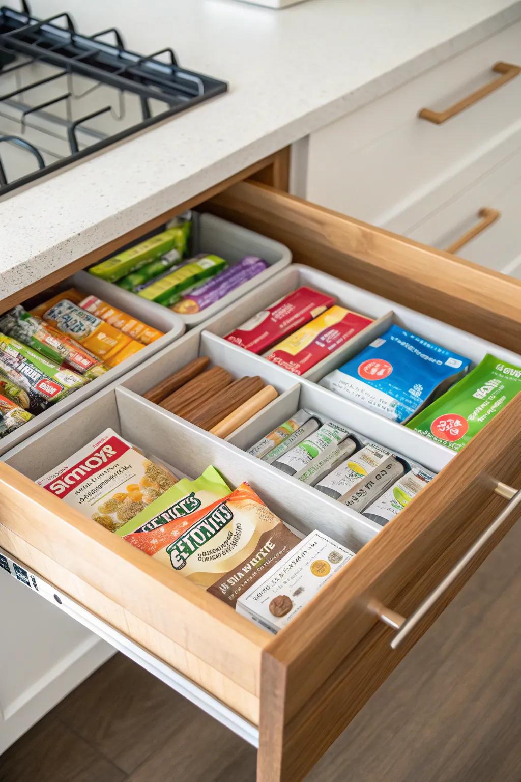 Drawer segments aid in maintaining snack storage order.