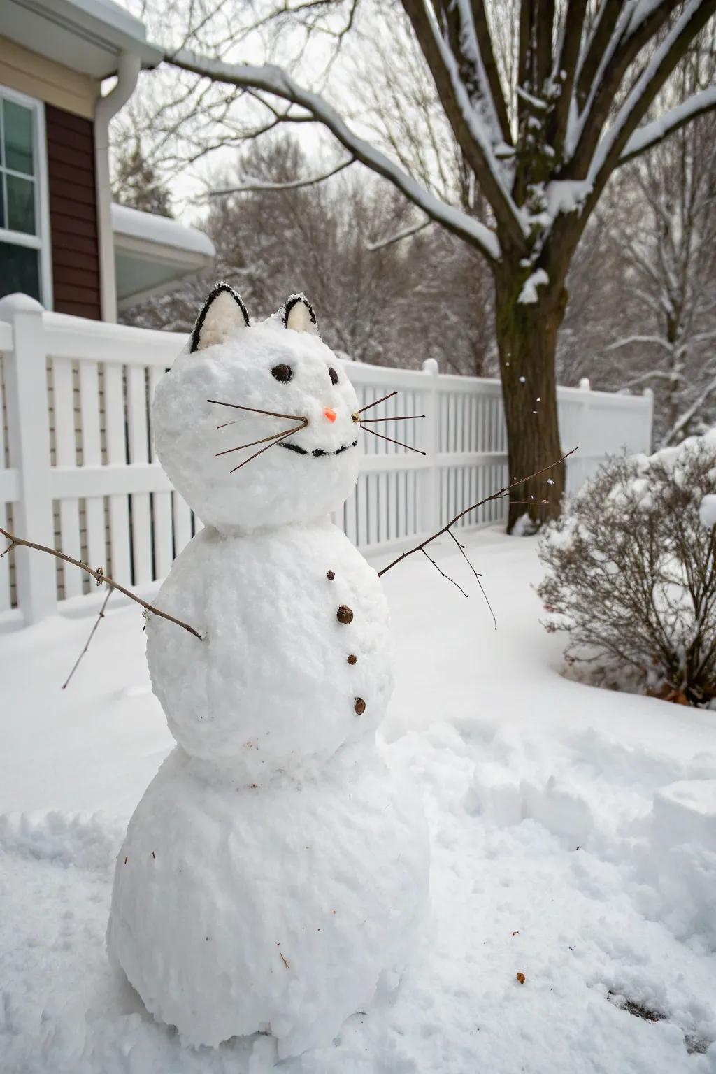 An imaginative snow feline sporting playful stem whiskers.