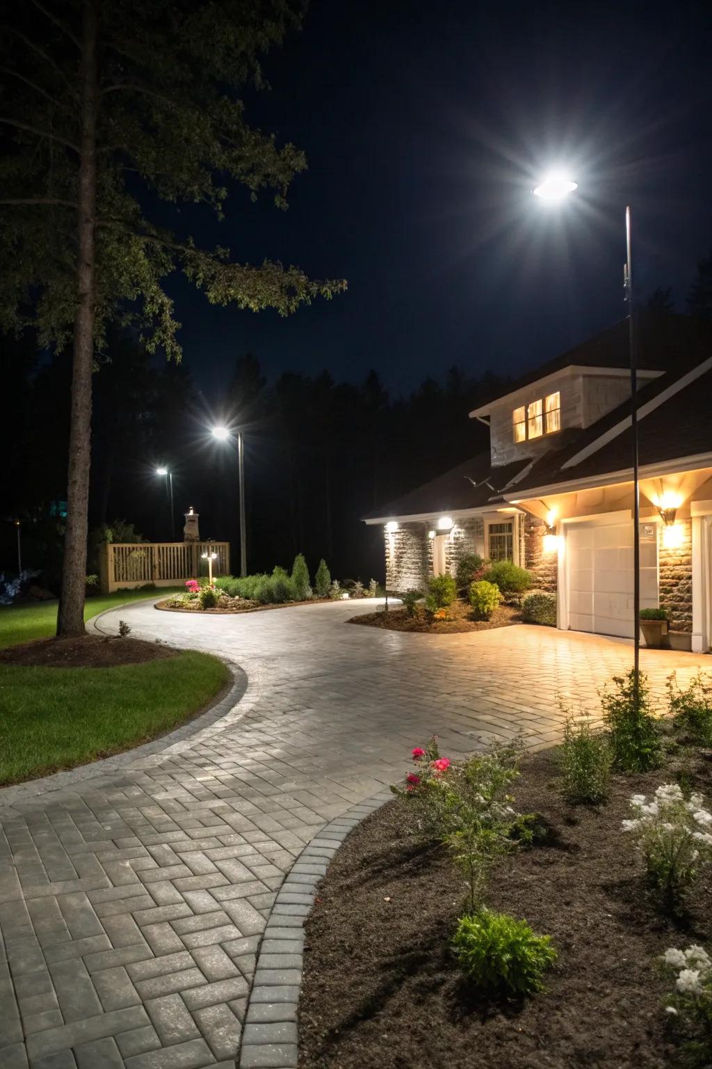 Soffit flood lights provide both security and style for a well-lit driveway.