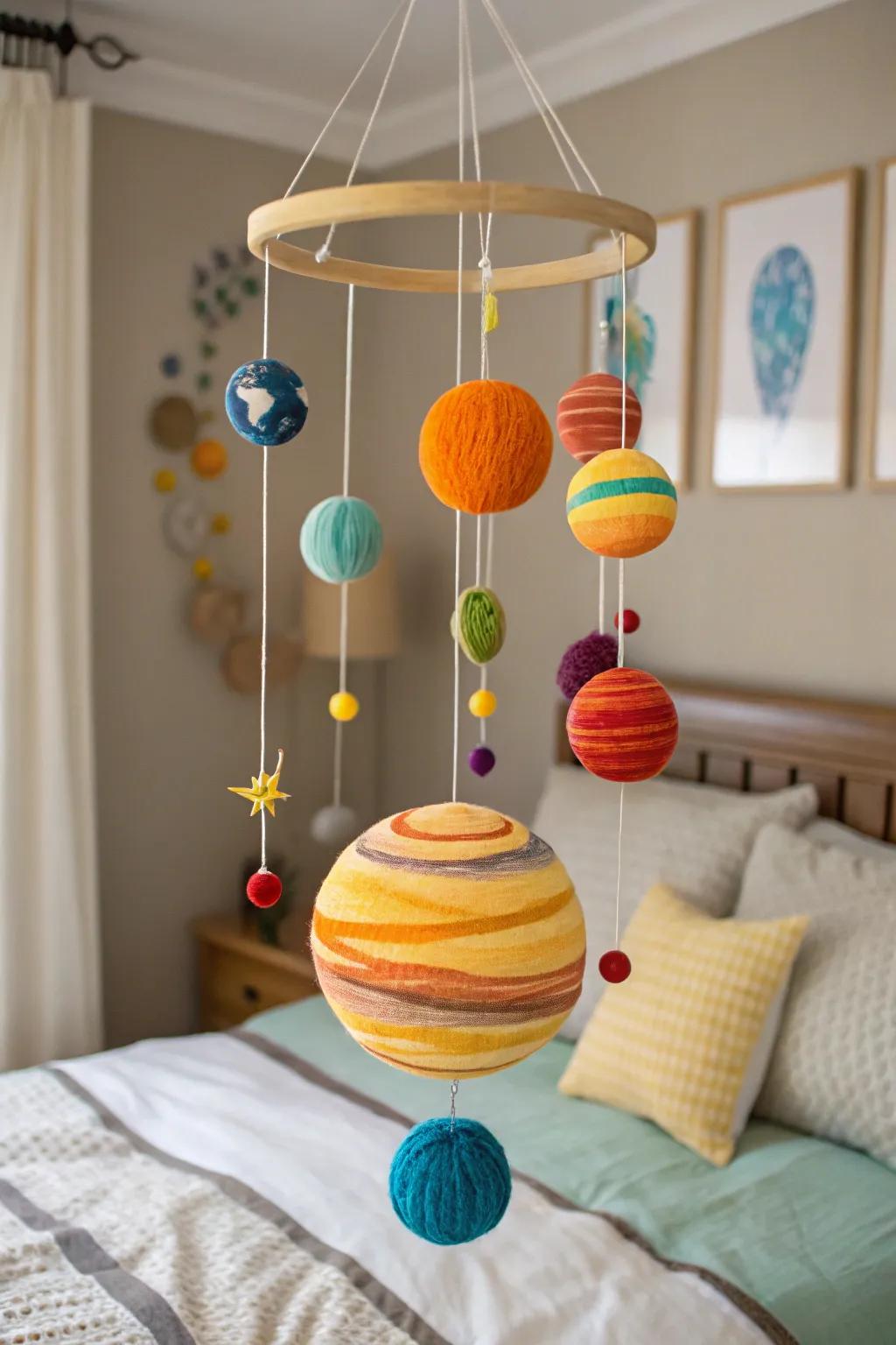 A solar system mobile provides an educational and decorative element.