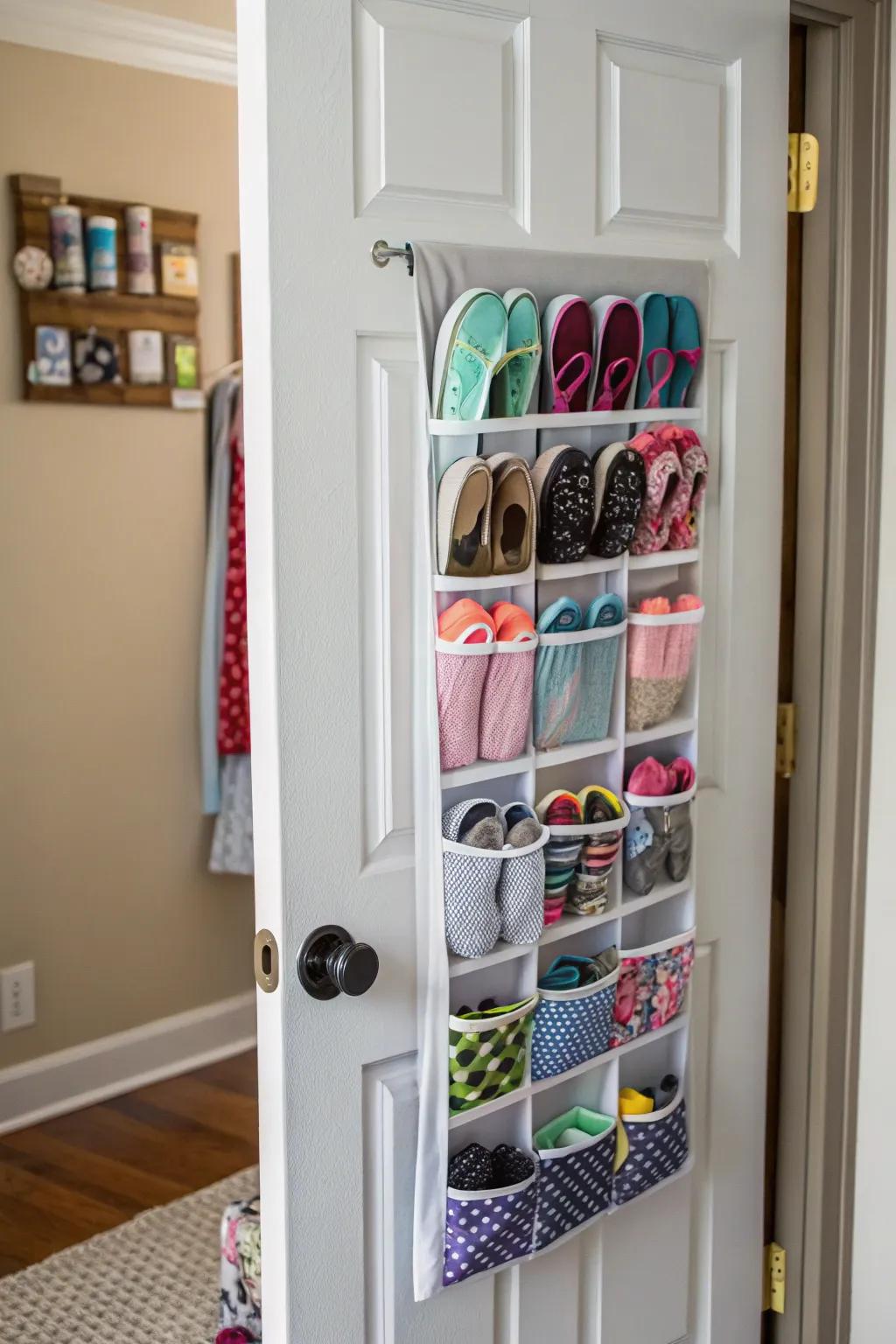 Door-mounted organizers give additional storage without taking up floor space.
