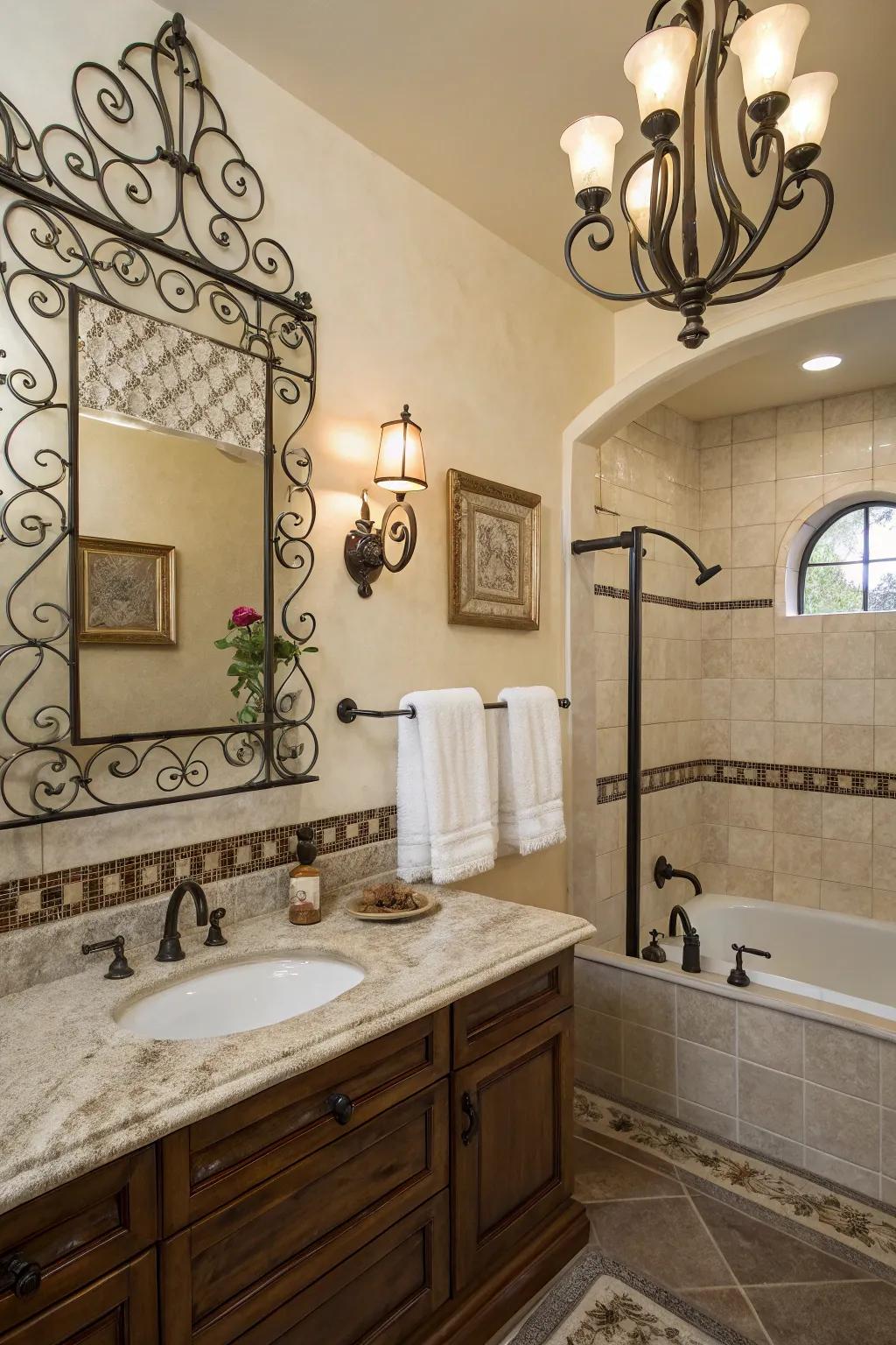 Wrought iron fixtures bring vintage elegance to the space.