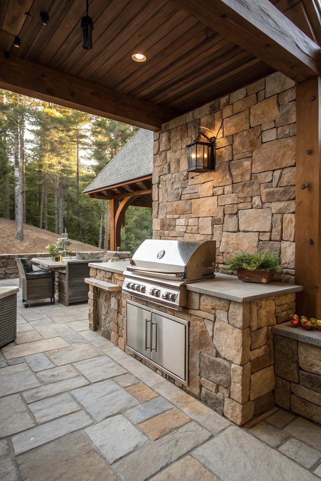 An integrated grill commands attention in this countryside outdoor cooking arrangement.