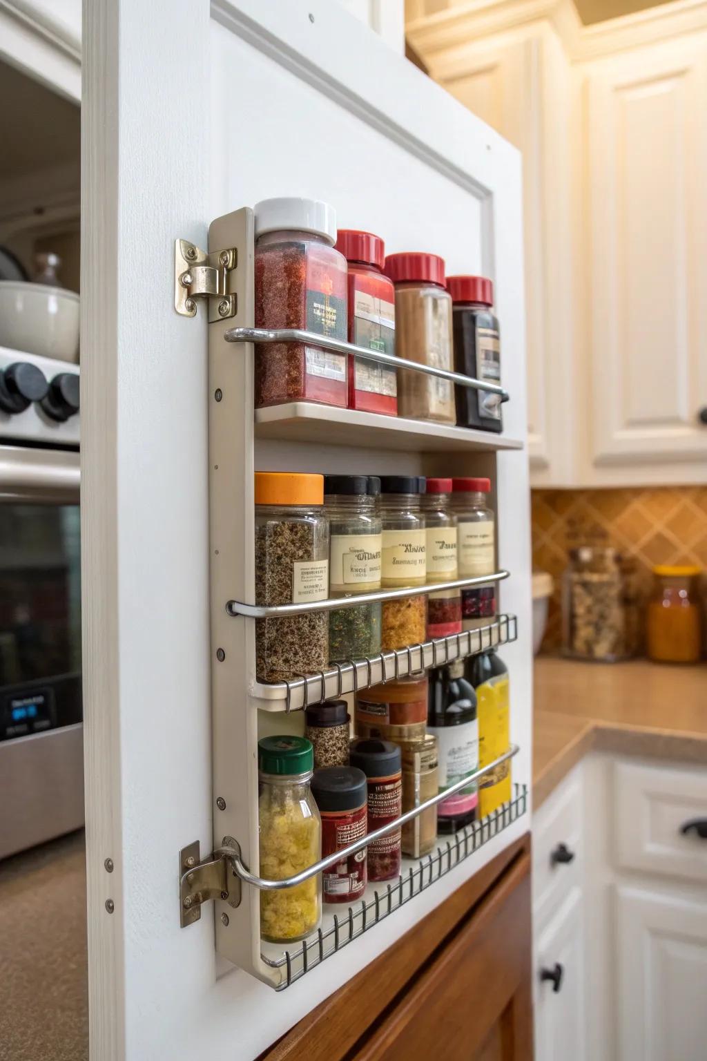 A spice rack fixed to a cabinet door creates a smart storage solution.
