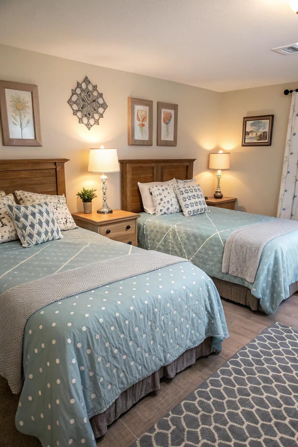 Twin beds with individualized decorations in a shared bedroom.