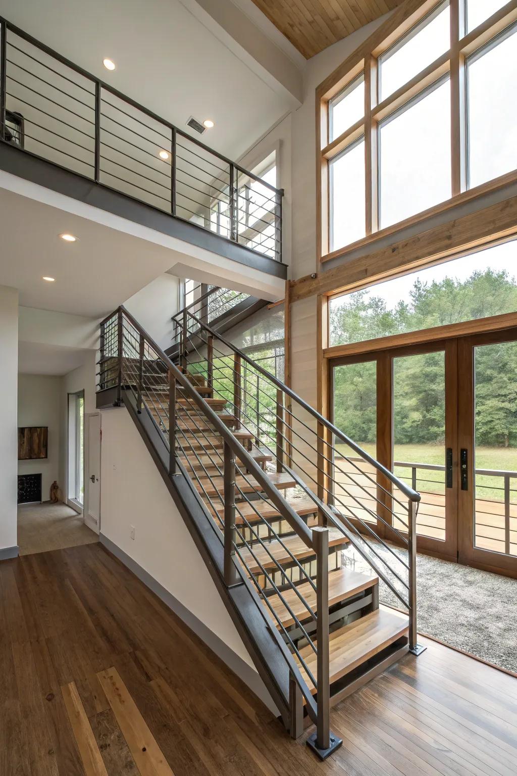 Industrial metal pipe railings contributing an edgy atmosphere to a split-level residence.