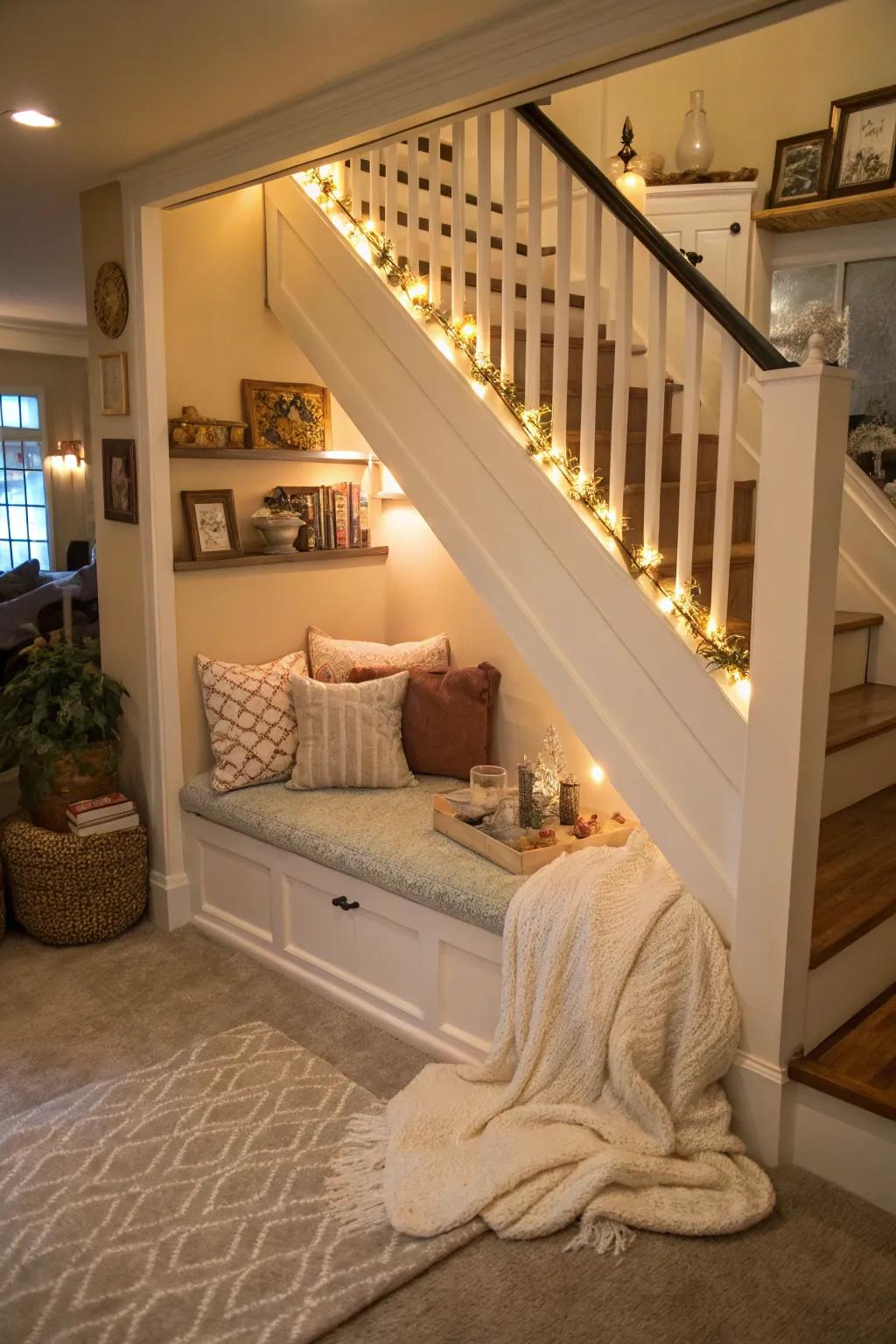 A cozy nook under the stairs offers a perfect retreat.